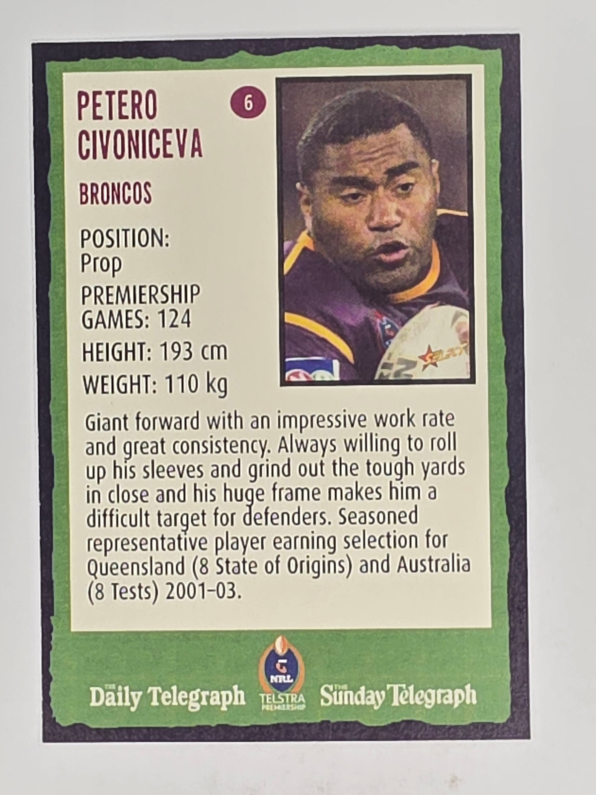 NRL 2004 Daily Telegraph | Base Card #006 | Petero Civoniceva | Brisbane Broncos