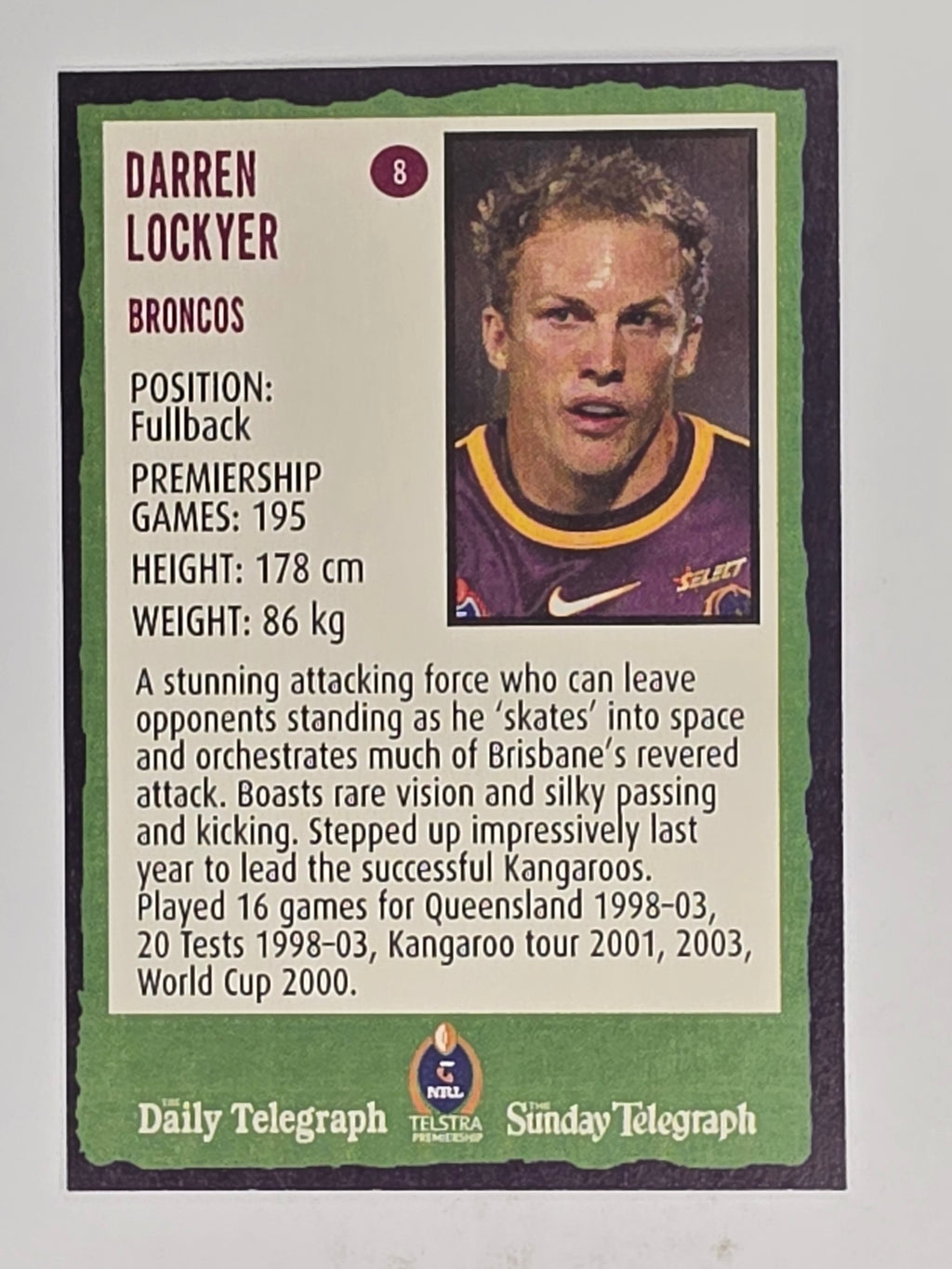 NRL 2004 Daily Telegraph | Base Card #008 | Darren Lockyer | Brisbane Broncos