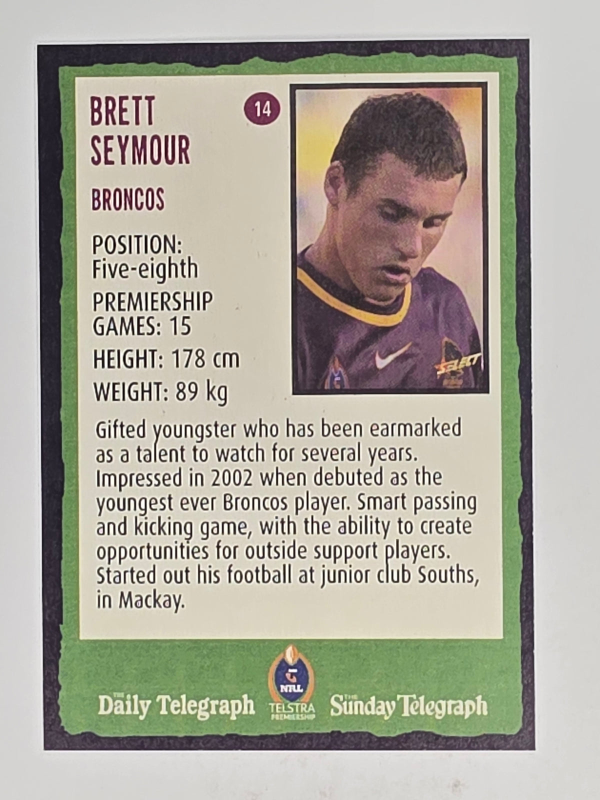 NRL 2004 Daily Telegraph | Base Card #014 | Brett Seymour | Brisbane Broncos