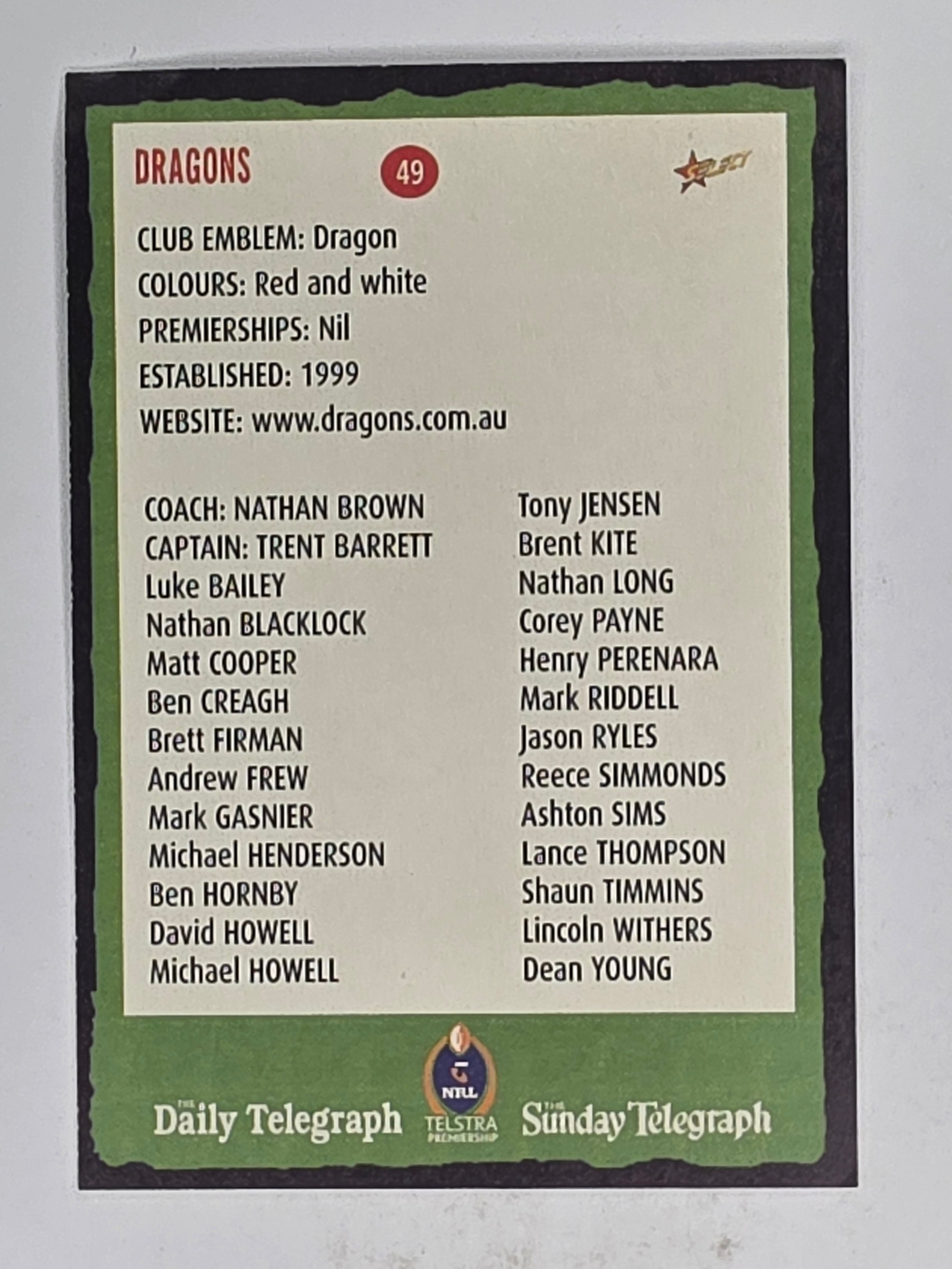 NRL 2004 Daily Telegraph | Base Card #049 | St George Illawarra Dragons Logo