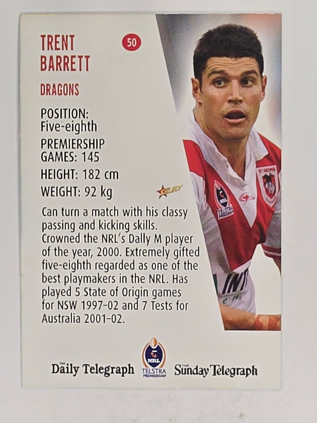 NRL 2004 Daily Telegraph | Base Card #050 | Trent Barrett | St George Dragons