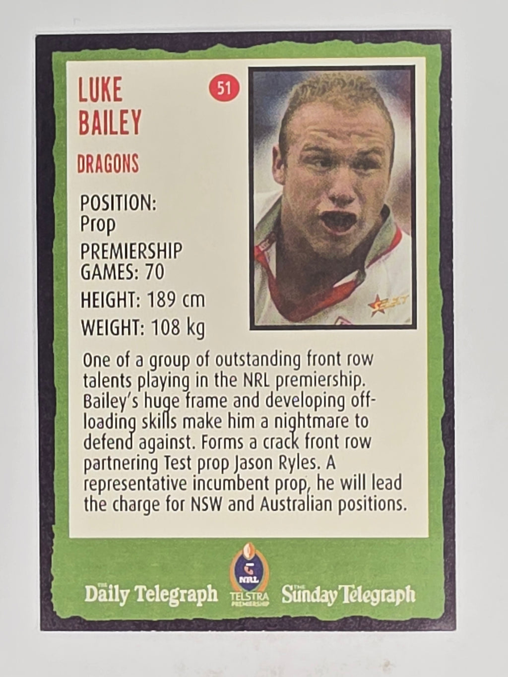 NRL 2004 Daily Telegraph | Base Card #051 | Luke Bailey | St George Dragons