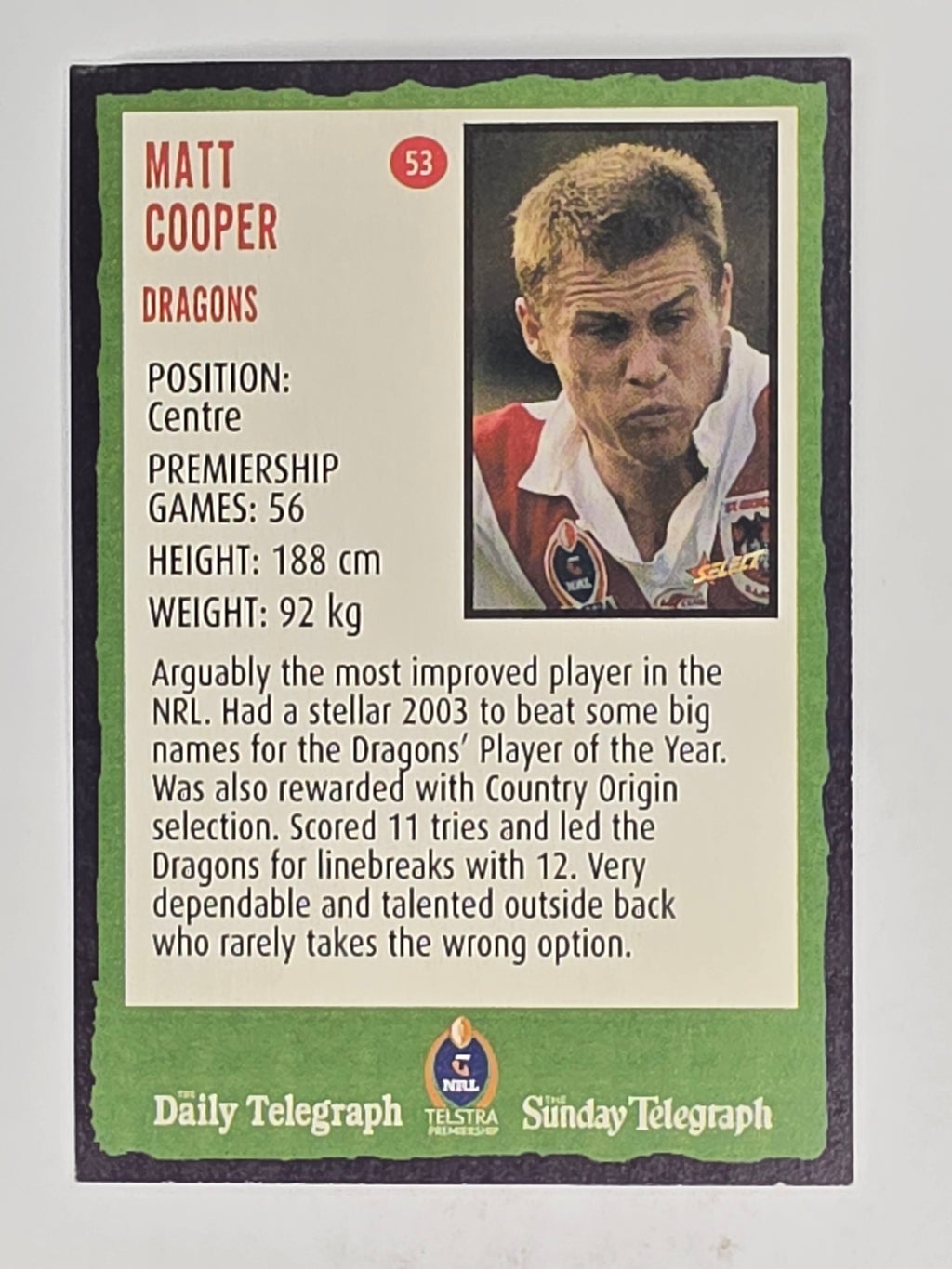 NRL 2004 Daily Telegraph | Base Card #053 | Matt Cooper | St George Dragons
