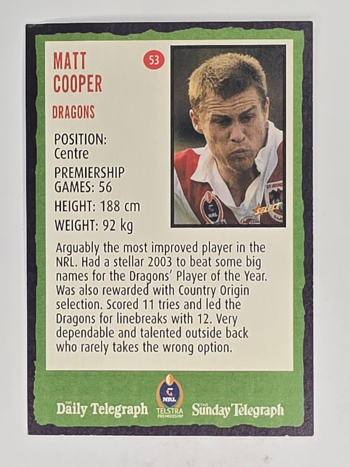 NRL 2004 Daily Telegraph | Base Card #053 | Matt Cooper | St George Dragons