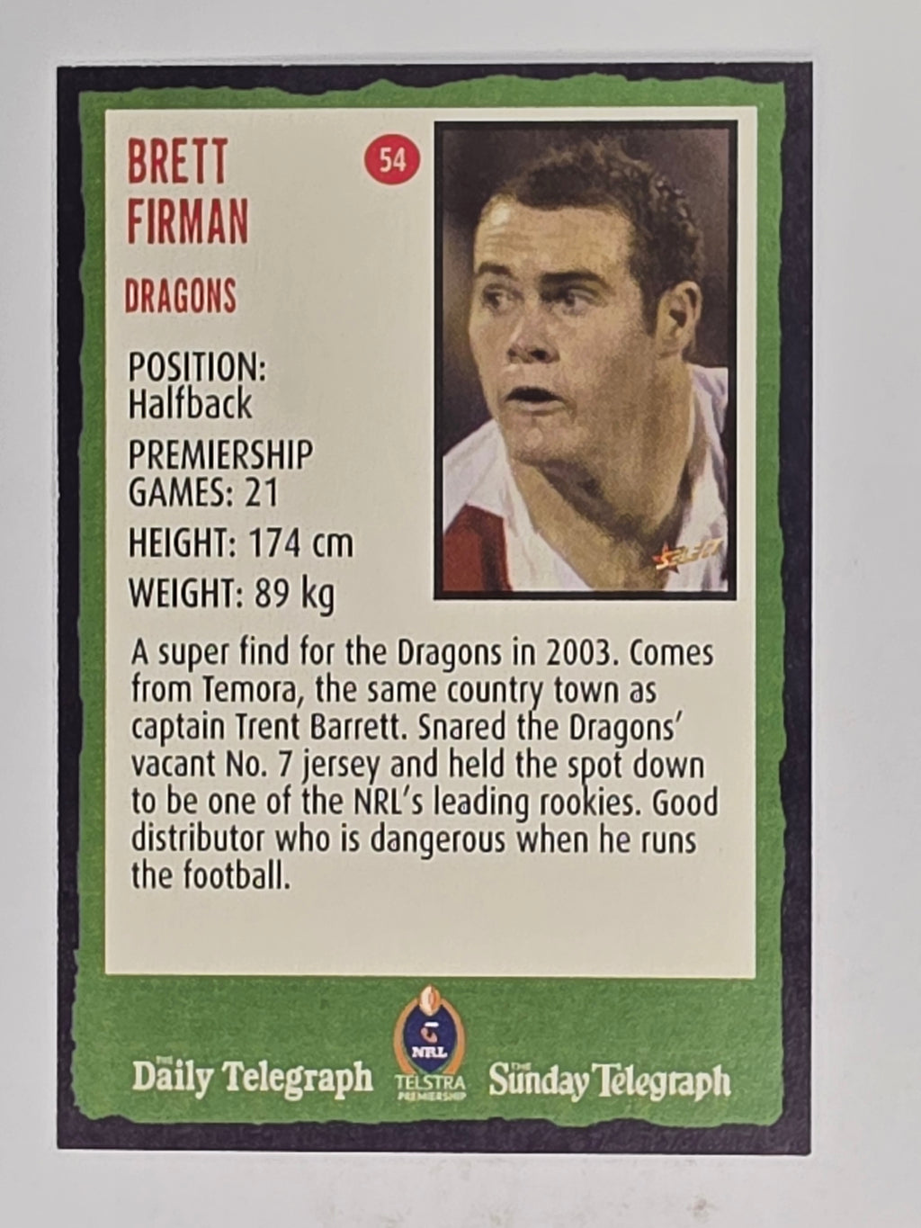 NRL 2004 Daily Telegraph | Base Card #054 | Brett Firman | St George Dragons
