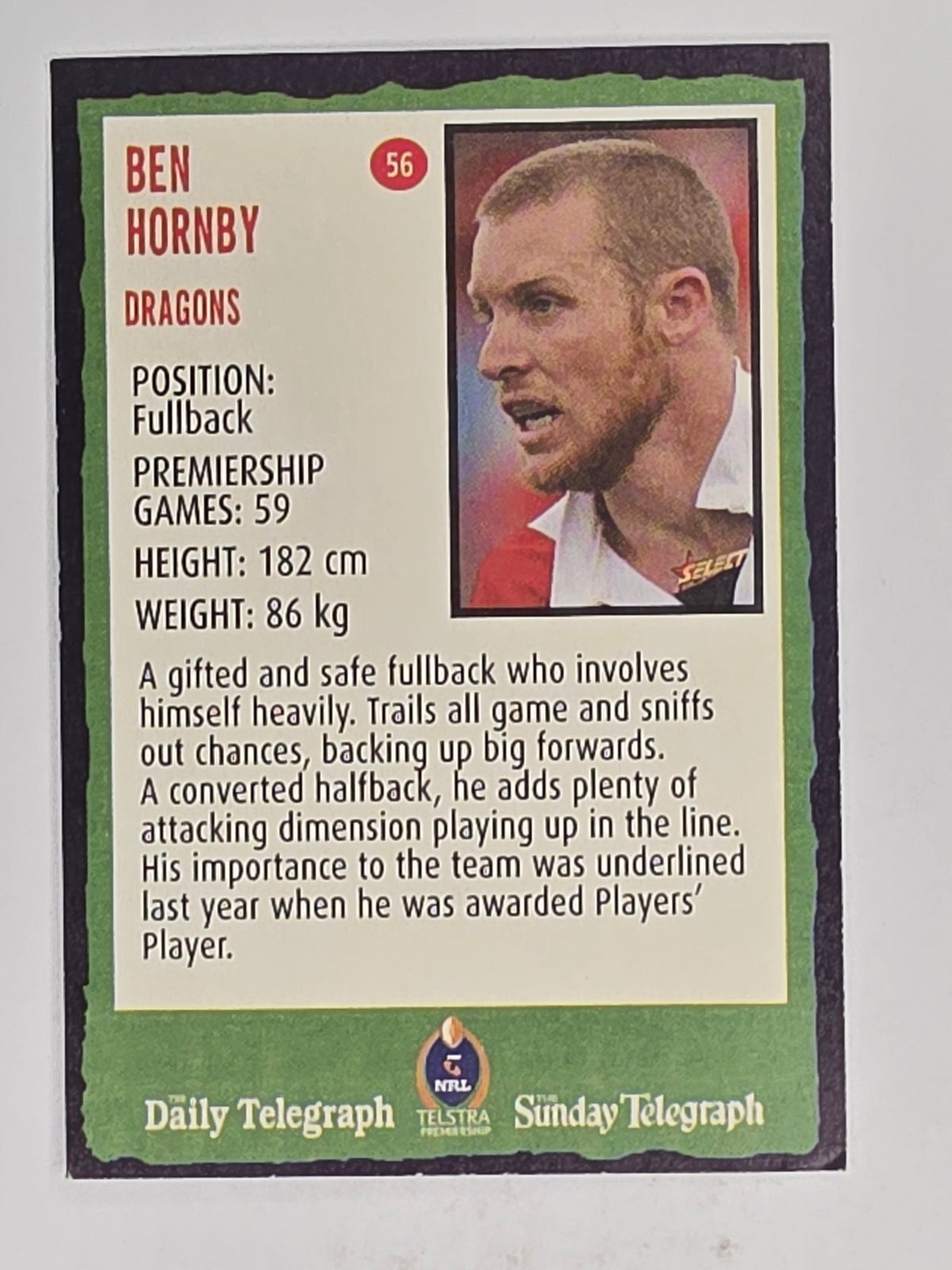 NRL 2004 Daily Telegraph | Base Card #056 | Ben Hornby | St George Dragons