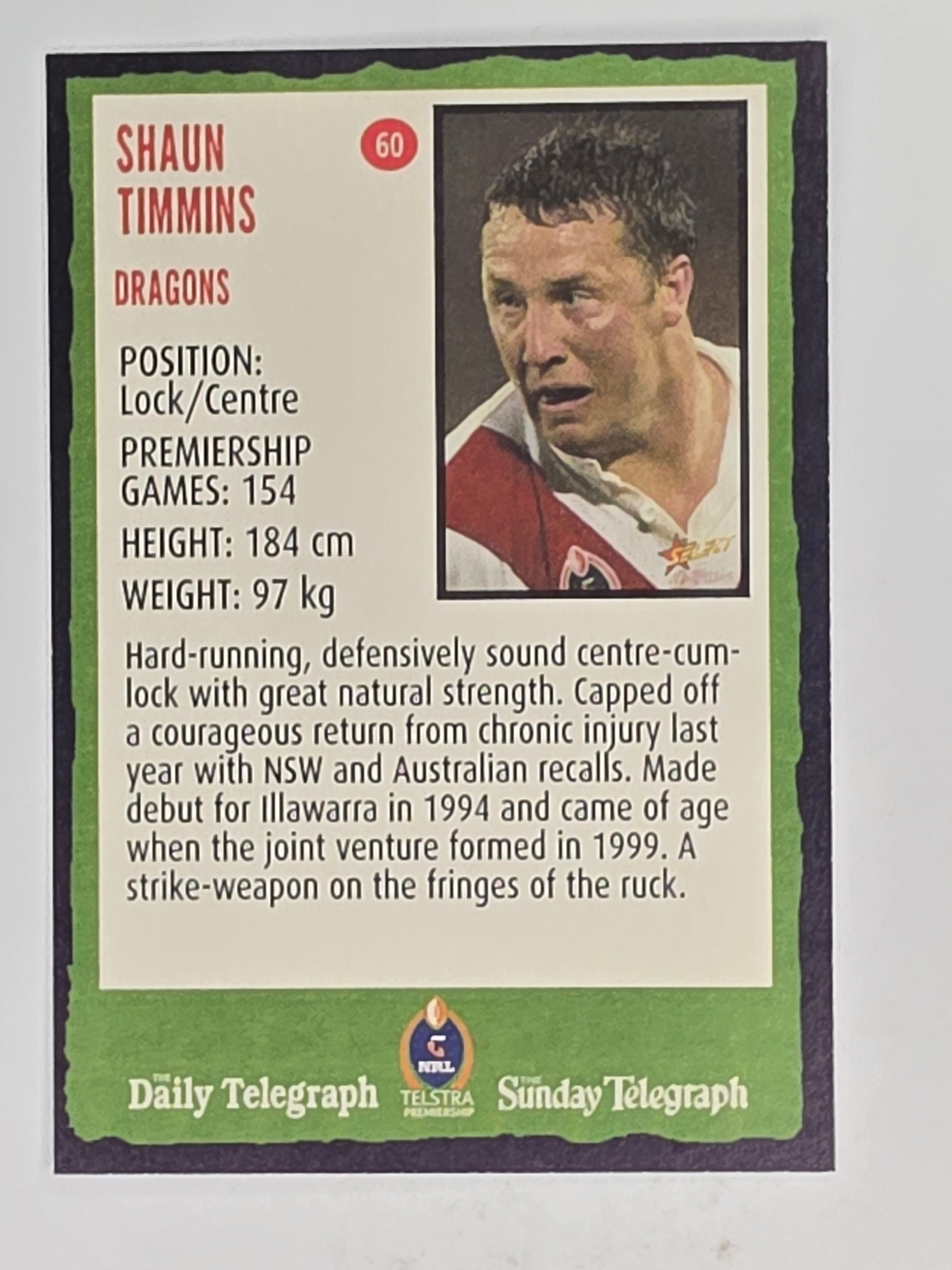 NRL 2004 Daily Telegraph | Base Card #060 | Shaun Timmins | St George Dragons