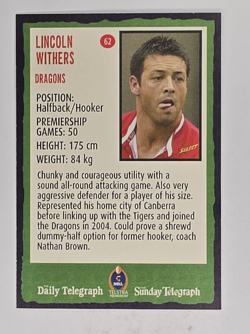 NRL 2004 Daily Telegraph | Base Card #062 | Lincoln Withers | St George Dragons