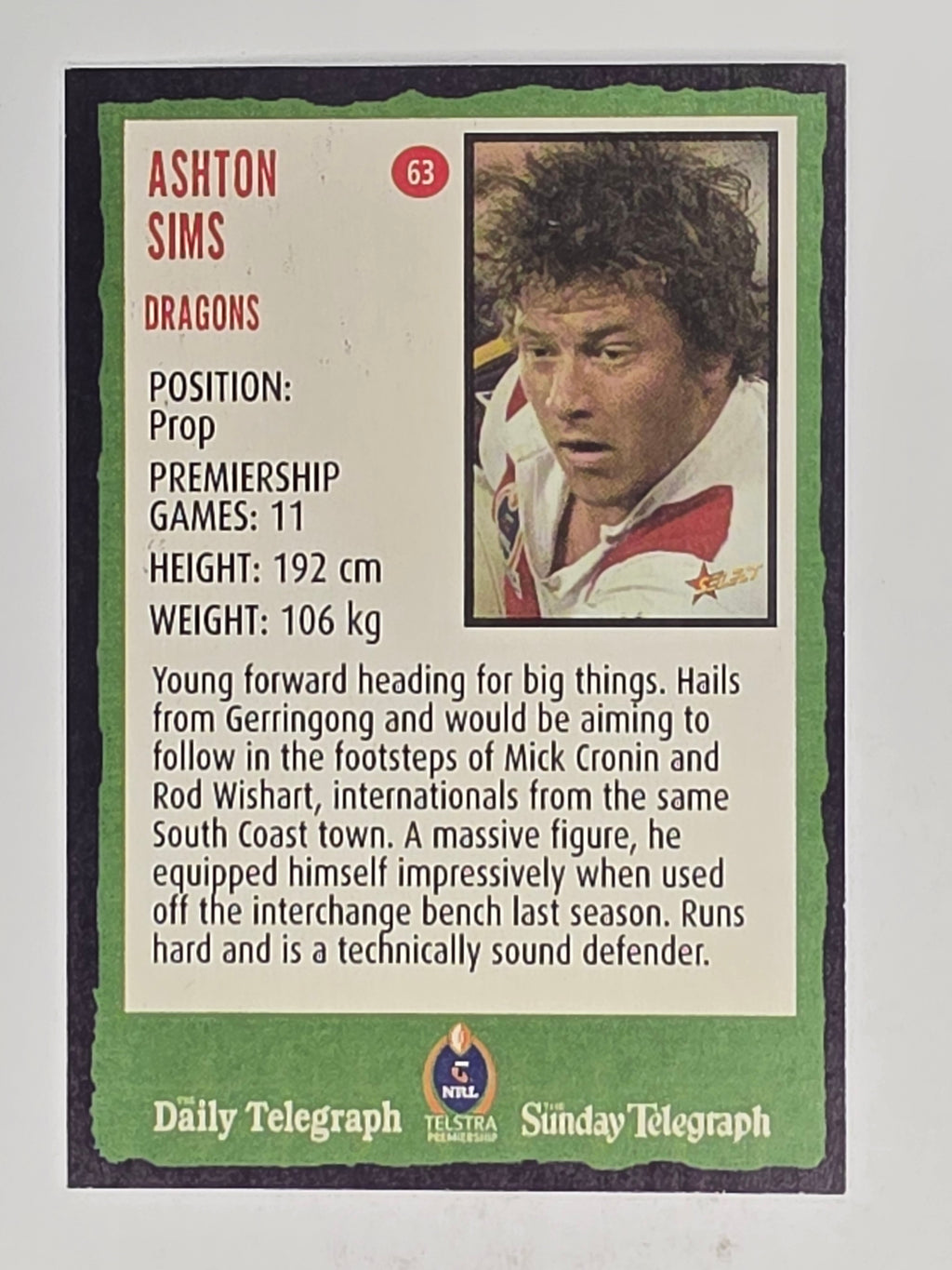 NRL 2004 Daily Telegraph | Base Card #063 | Ashton Sims | St George Dragons