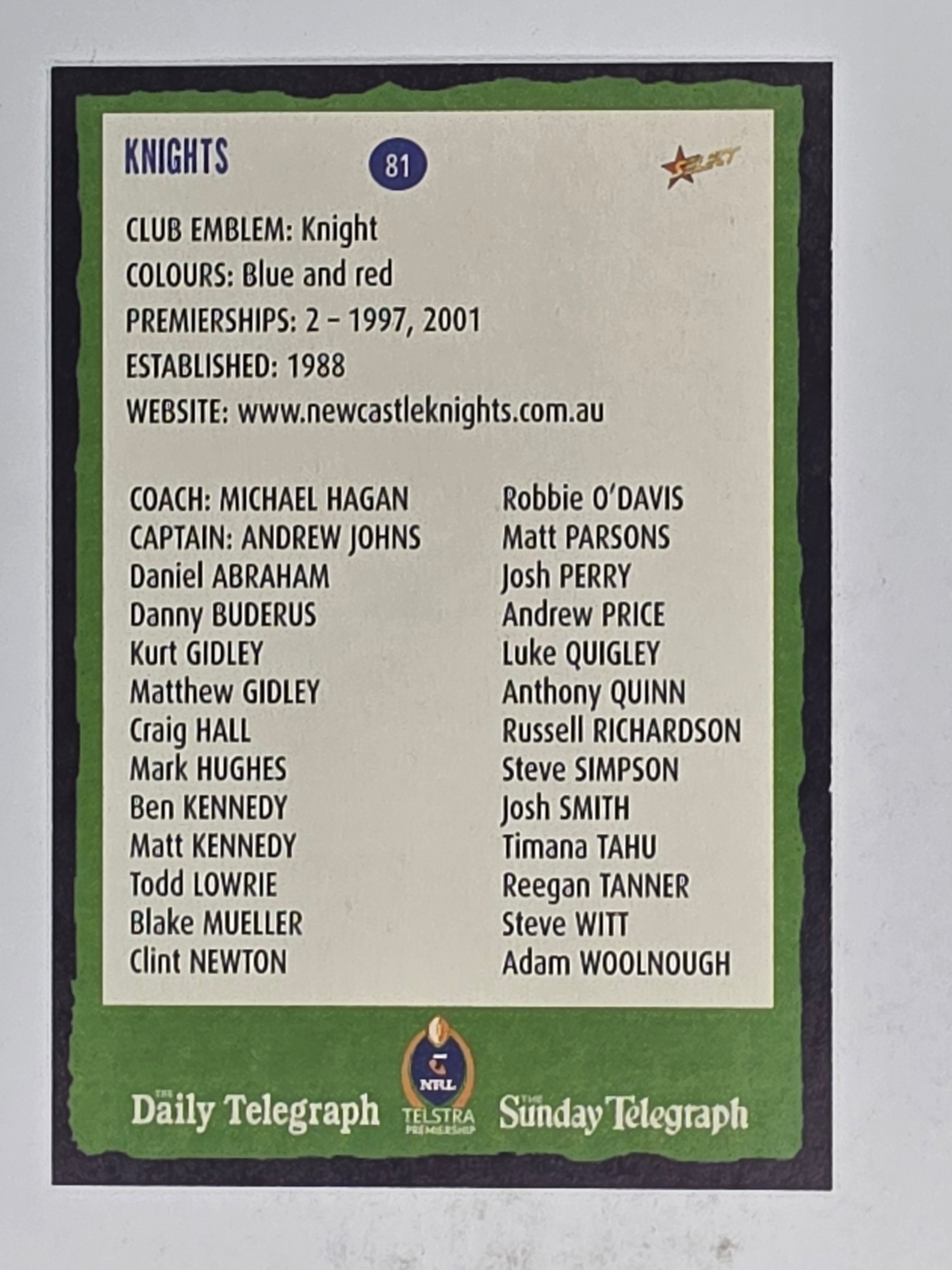 NRL 2004 Daily Telegraph | Base Card #081 | Newcastle Knights Logo