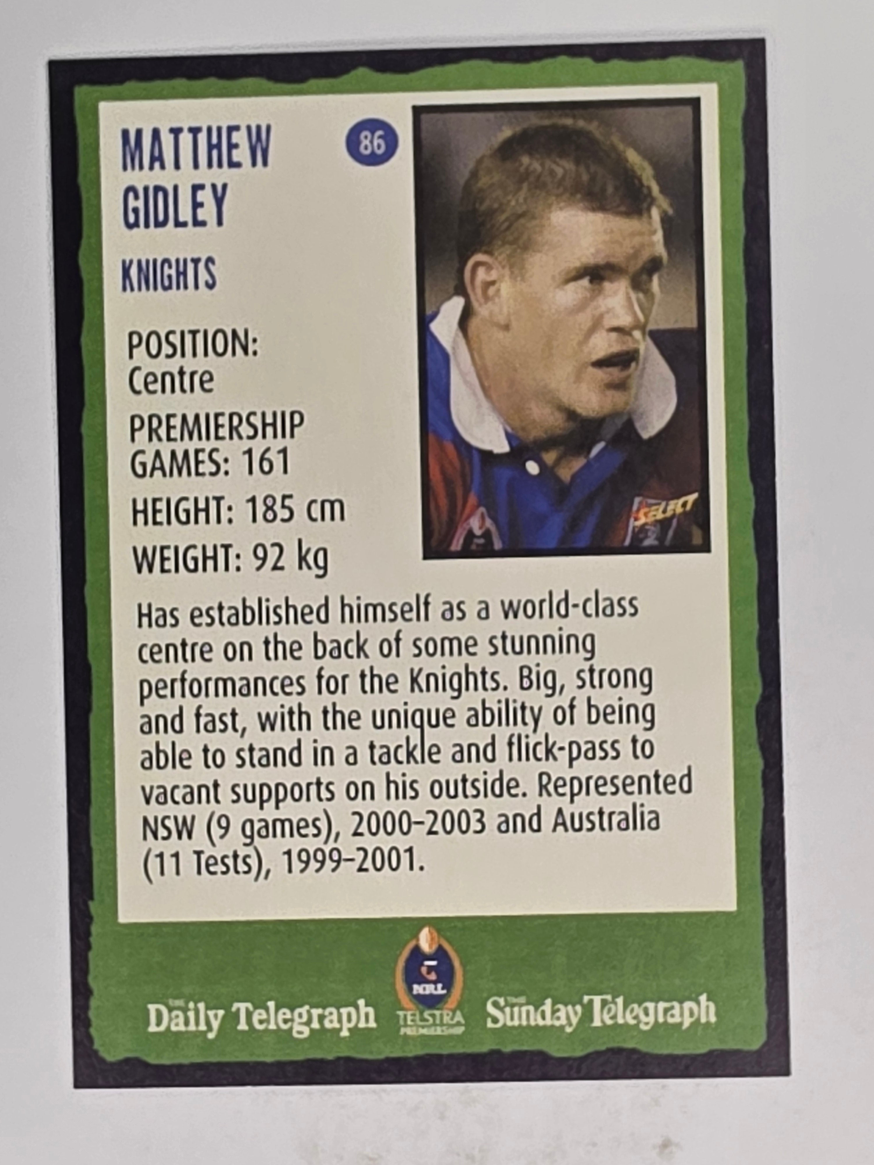 NRL 2004 Daily Telegraph | Base Card #086 | Matthew Gidley | Newcastle Knights