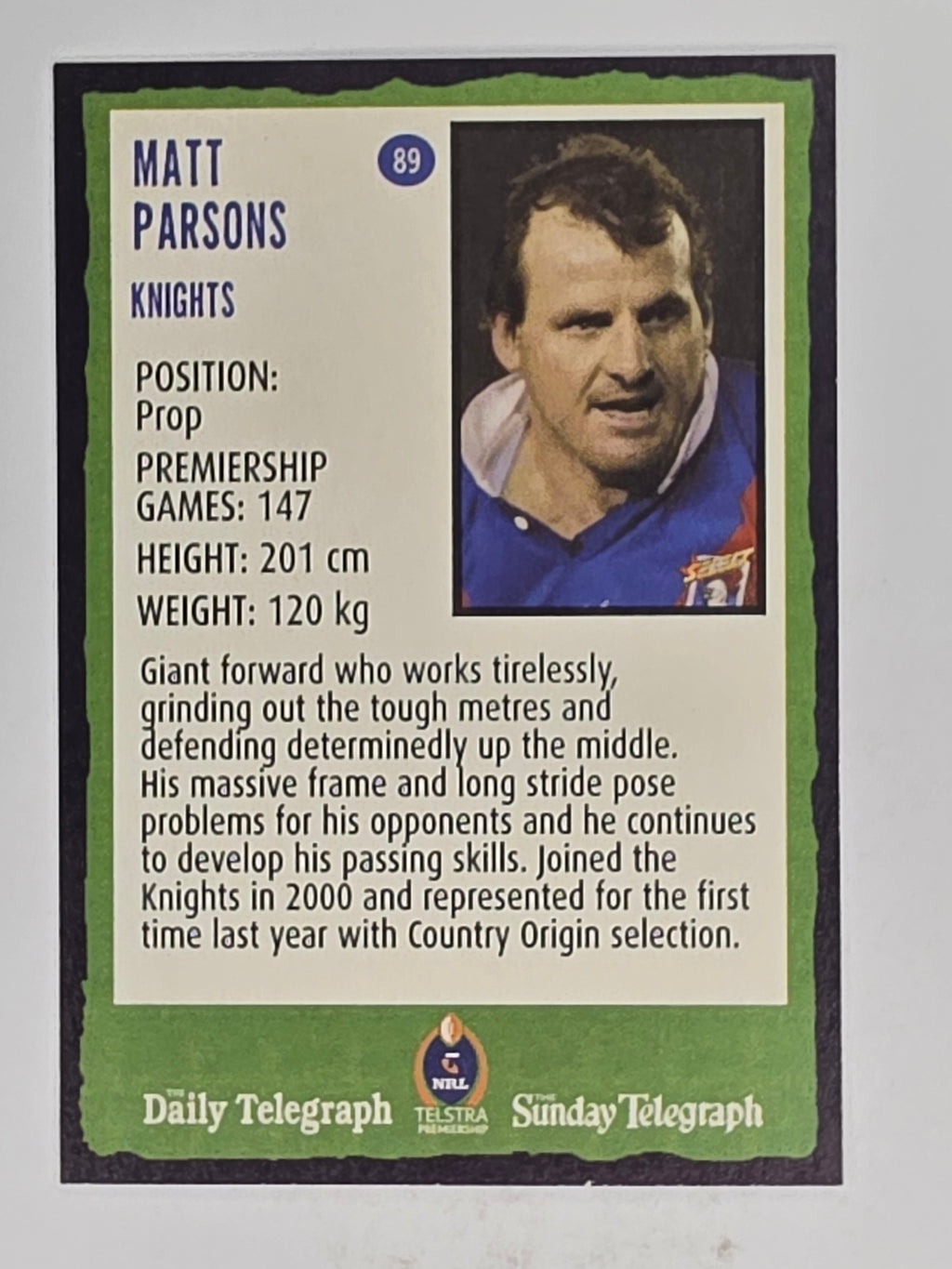 NRL 2004 Daily Telegraph | Base Card #089 | Matt Parsons | Newcastle Knights