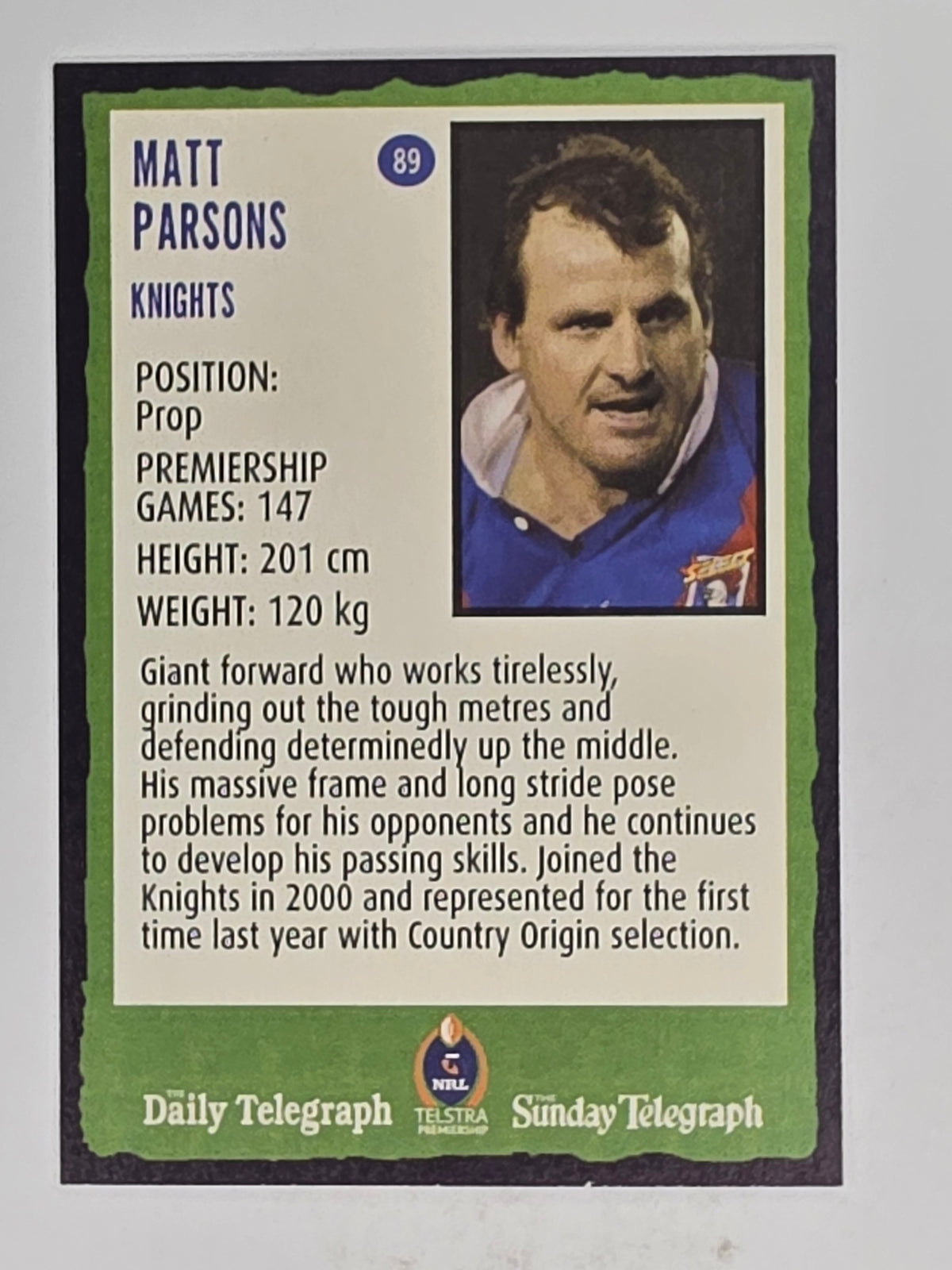 NRL 2004 Daily Telegraph | Base Card #089 | Matt Parsons | Newcastle Knights