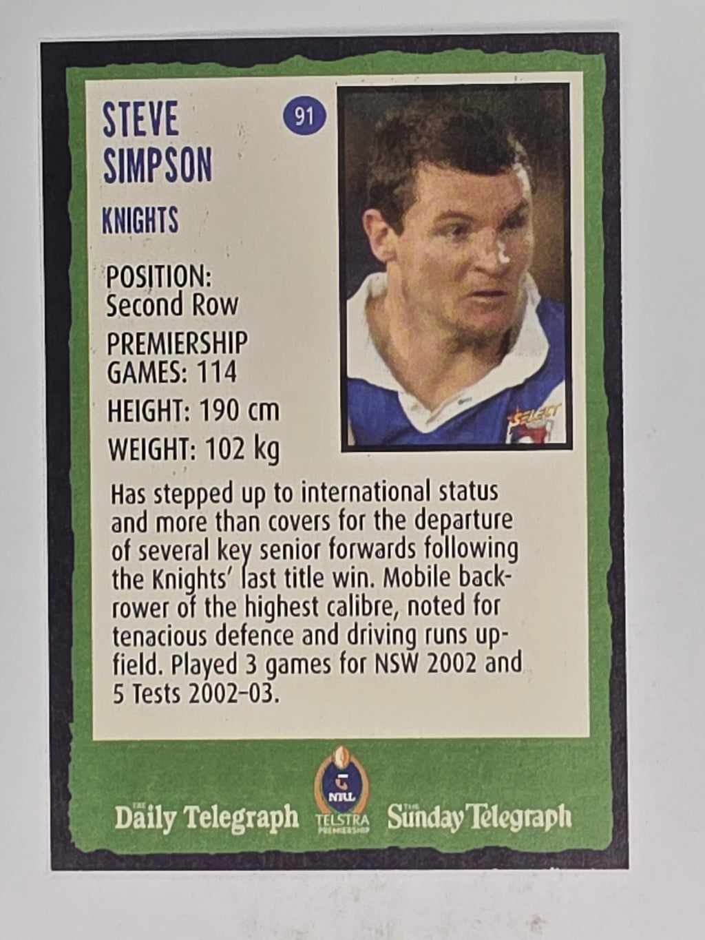 NRL 2004 Daily Telegraph | Base Card #091 | Steve Simpson | Newcastle Knights