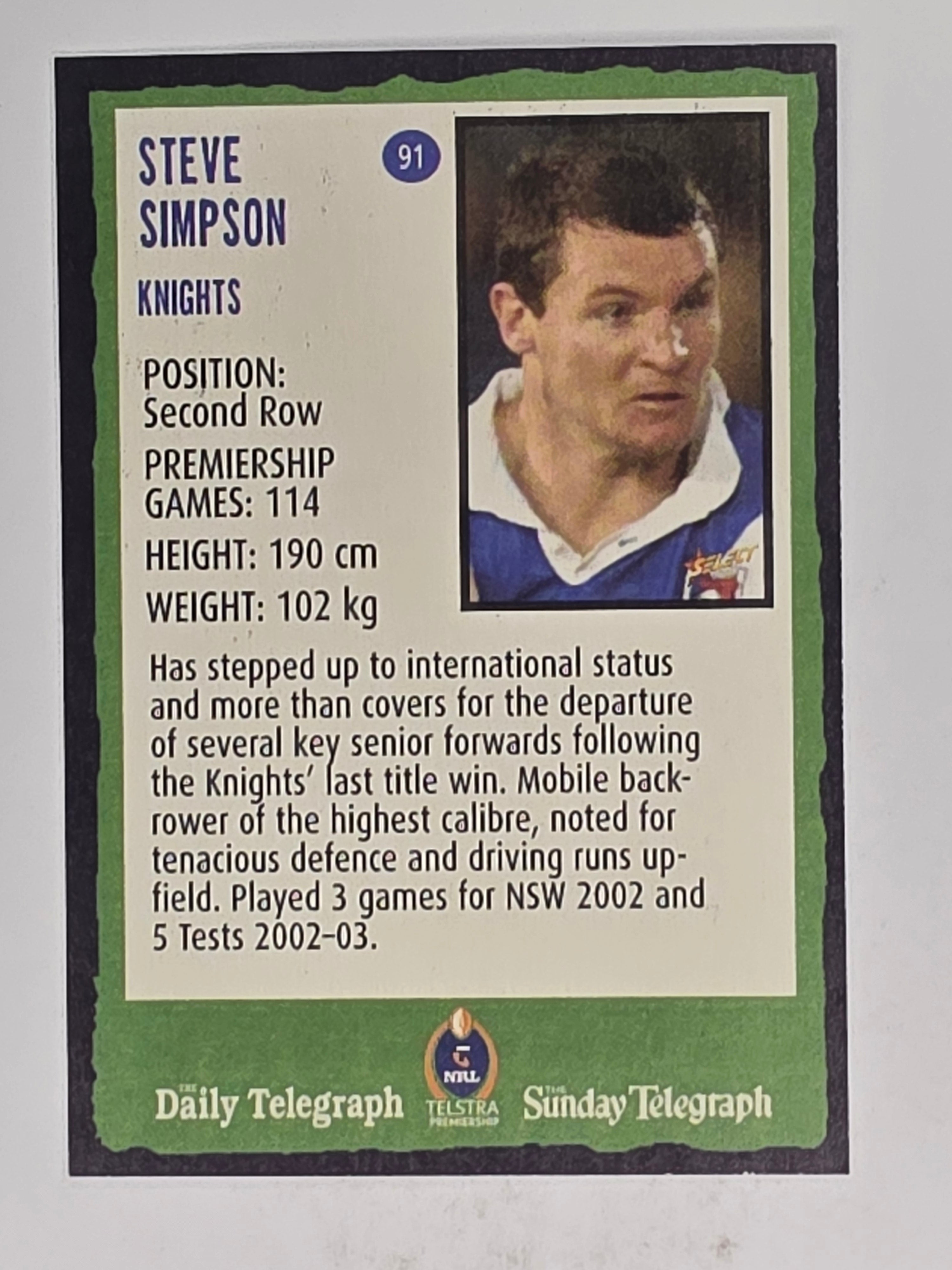 NRL 2004 Daily Telegraph | Base Card #091 | Steve Simpson | Newcastle Knights
