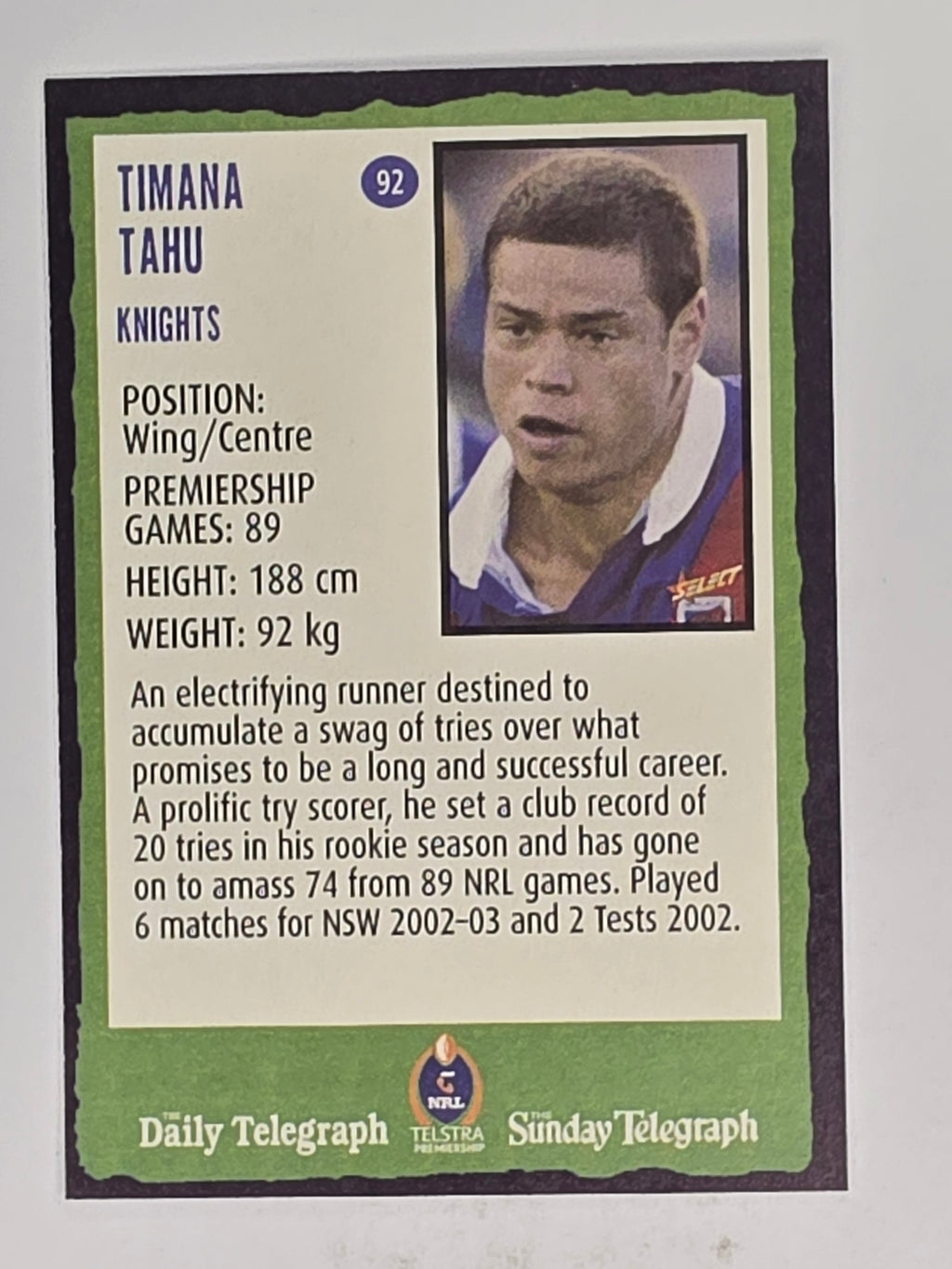 NRL 2004 Daily Telegraph | Base Card #092 | Timana Tahu | Newcastle Knights