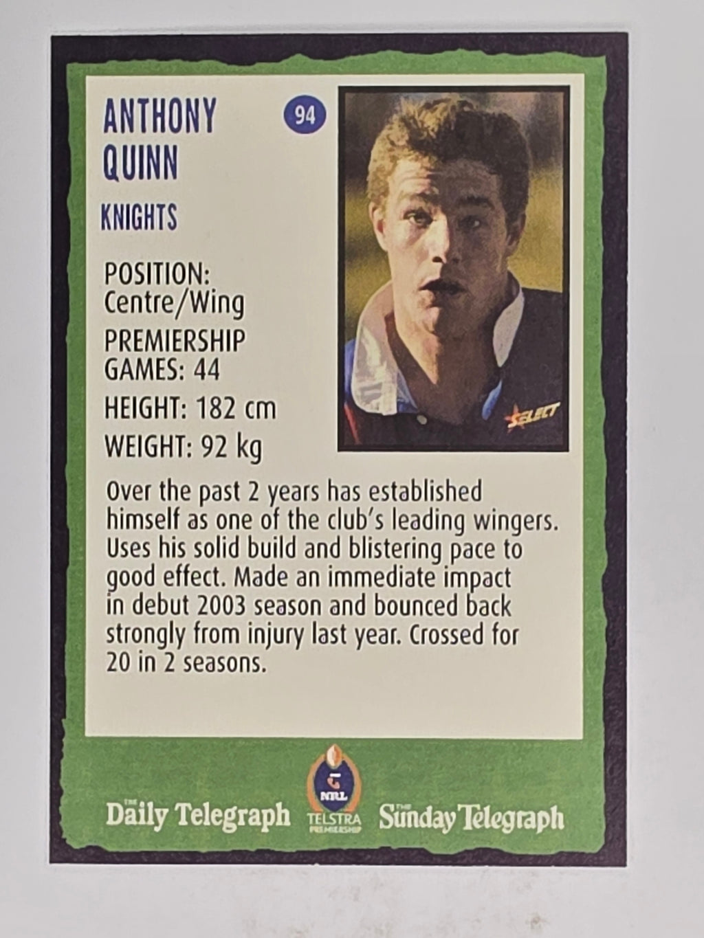 NRL 2004 Daily Telegraph | Base Card #094 | Anthony Quinn | Newcastle Knights