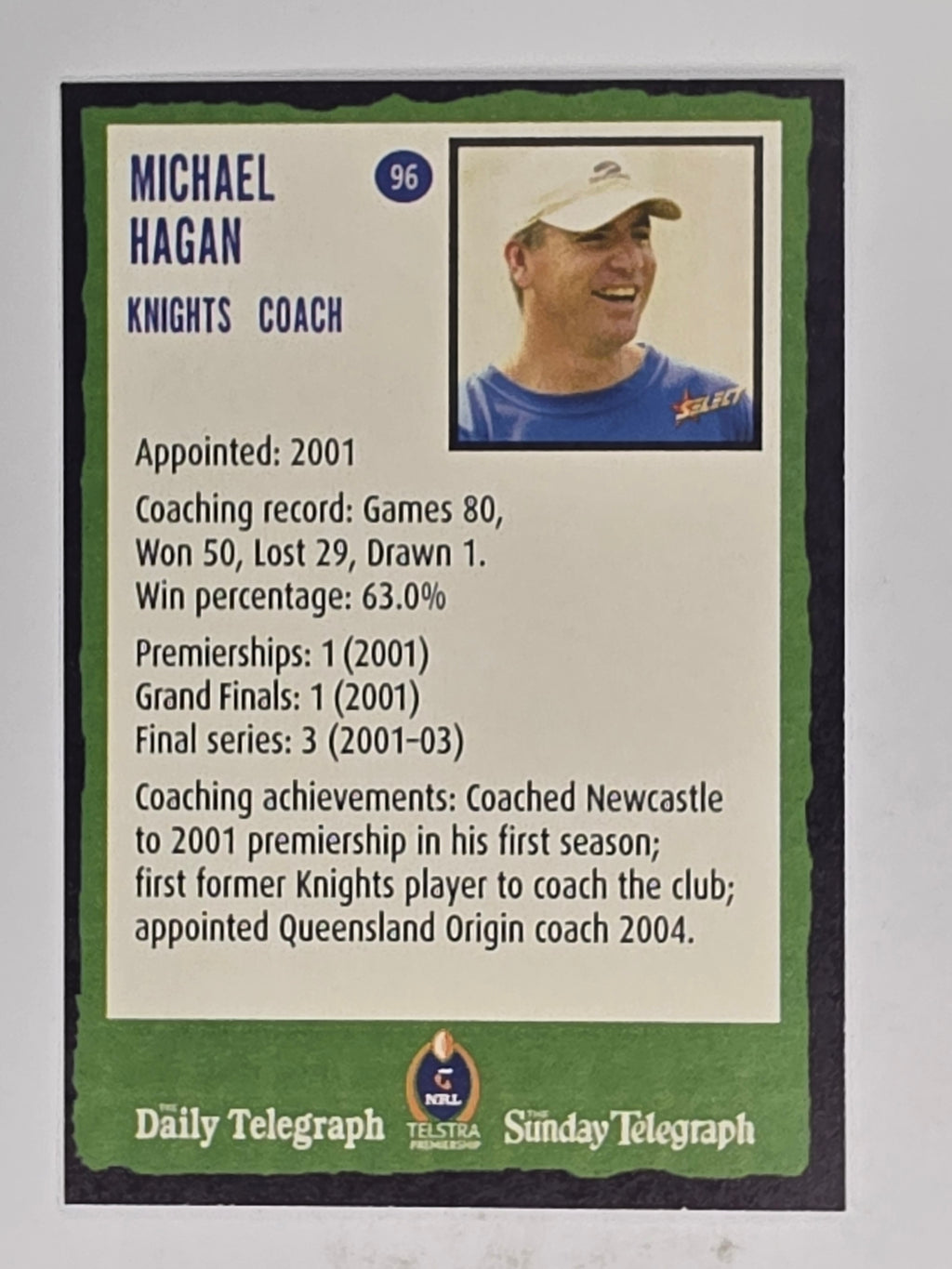 NRL 2004 Daily Telegraph | Base Card #096 | Michael Hagan | Newcastle Knights
