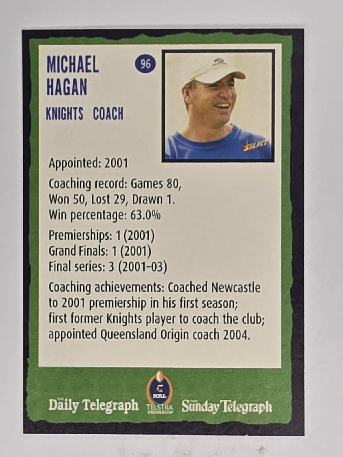 NRL 2004 Daily Telegraph | Base Card #096 | Michael Hagan | Newcastle Knights