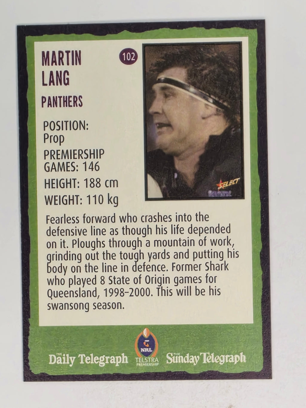 NRL 2004 Daily Telegraph | Base Card #102 | Martin Lang | Penrith Panthers