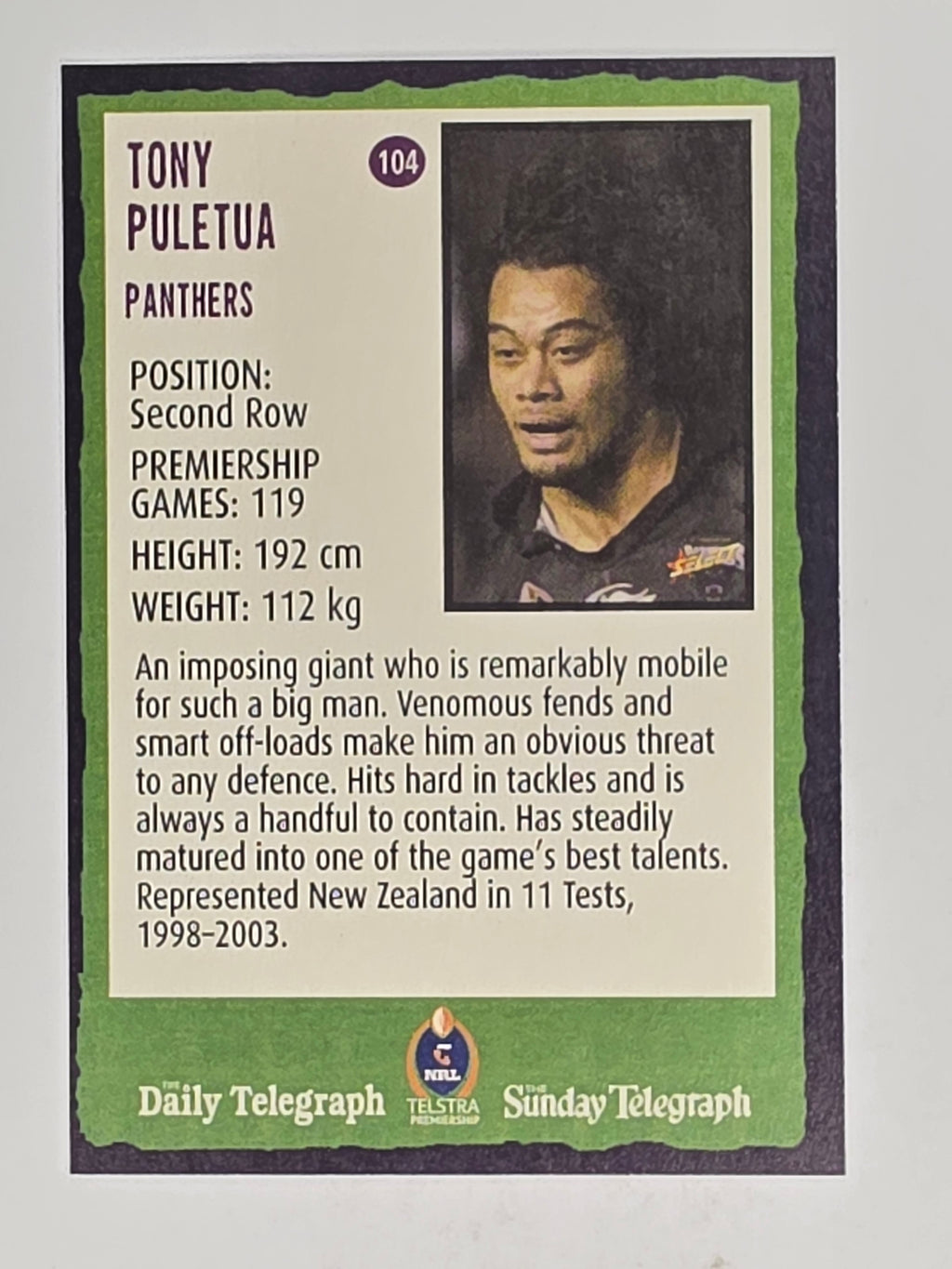 NRL 2004 Daily Telegraph | Base Card #104 | Tony Puletua | Penrith Panthers