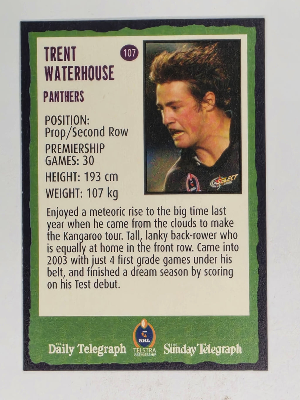 NRL 2004 Daily Telegraph | Base Card #107 | Trent Waterhouse | Penrith Panthers