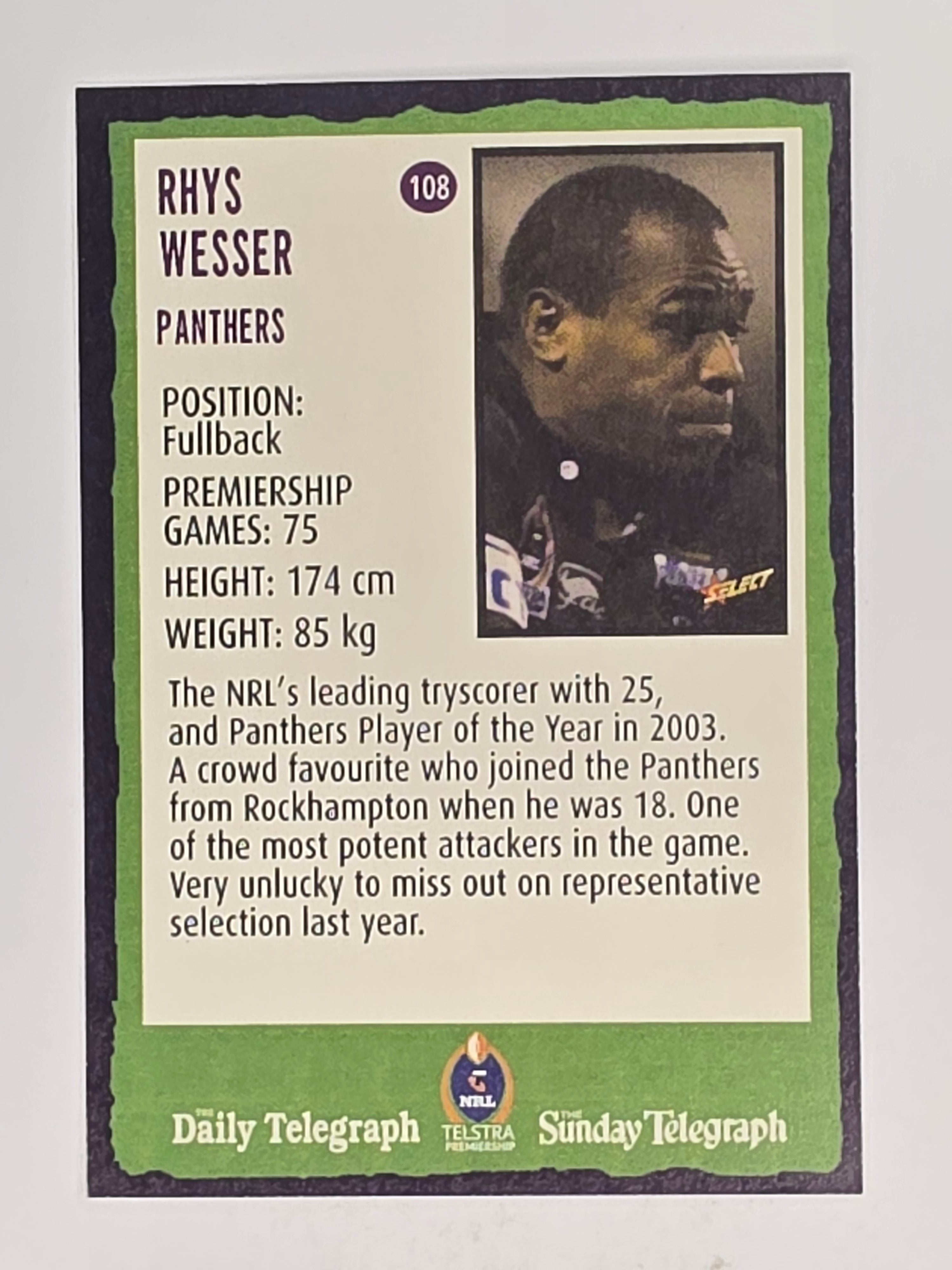 NRL 2004 Daily Telegraph | Base Card #108 | Rhys Wesser | Penrith Panthers