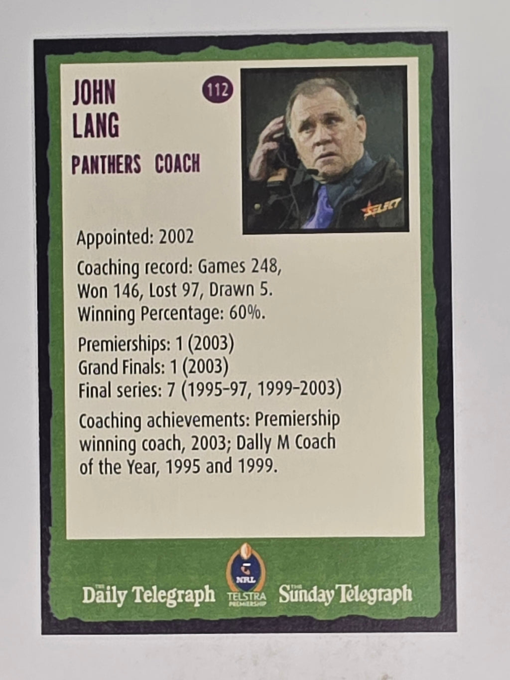 NRL 2004 Daily Telegraph | Base Card #112 | John Lang | Penrith Panthers