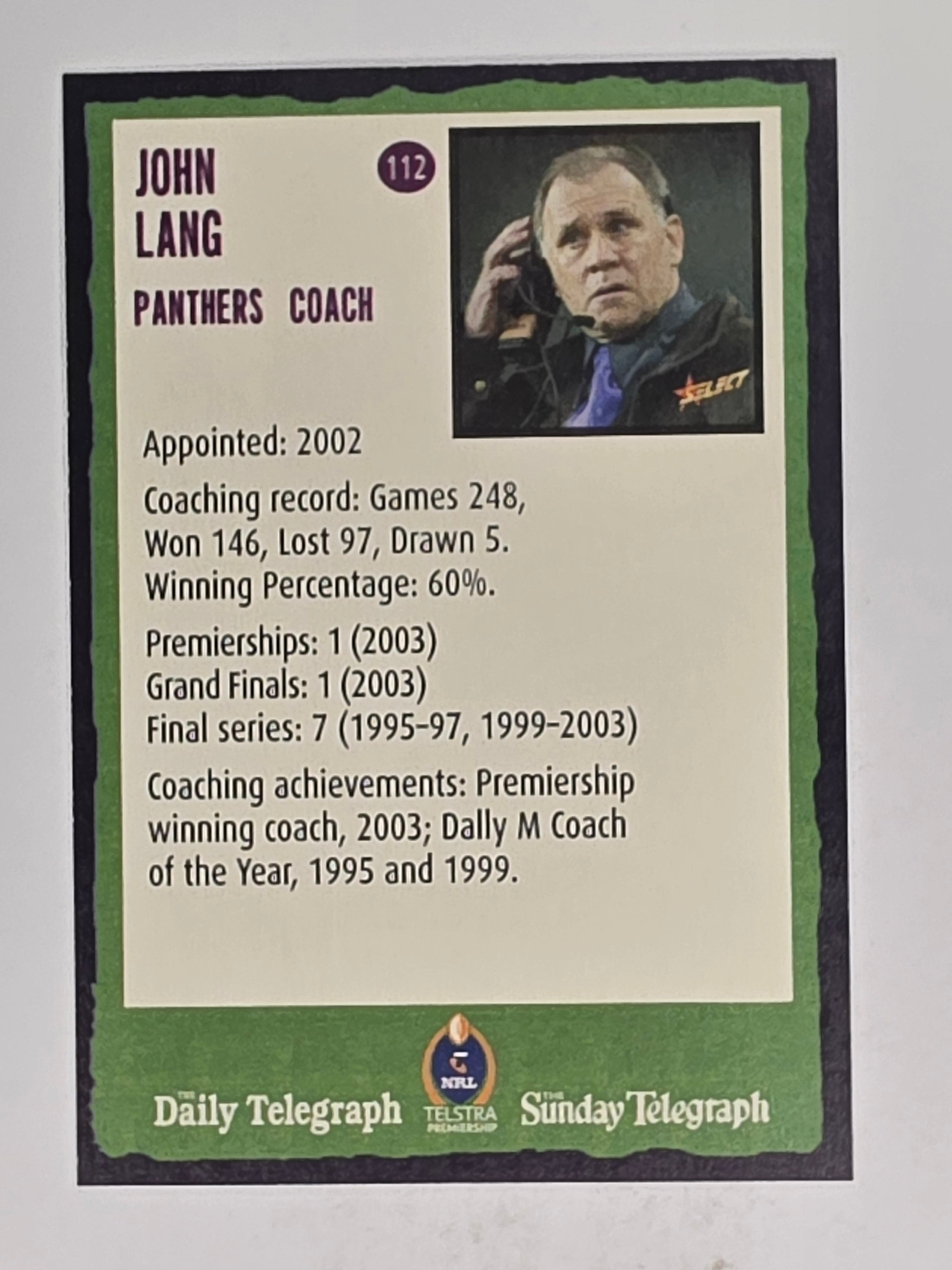 NRL 2004 Daily Telegraph | Base Card #112 | John Lang | Penrith Panthers