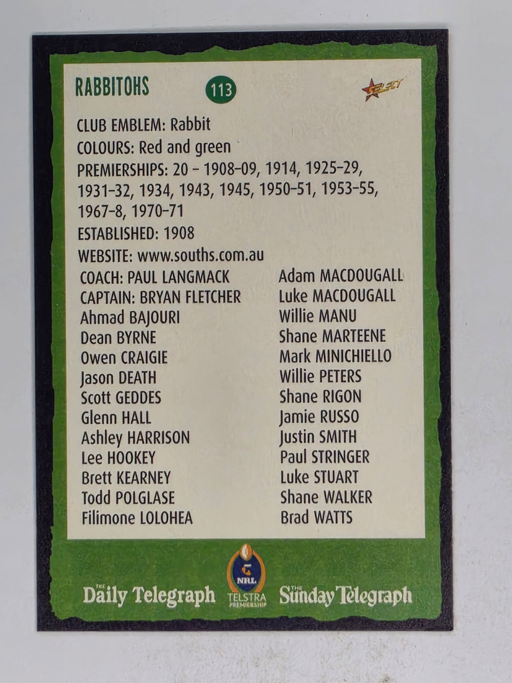 NRL 2004 Daily Telegraph | Base Card #113 | South Sydney Rabbitohs Logo