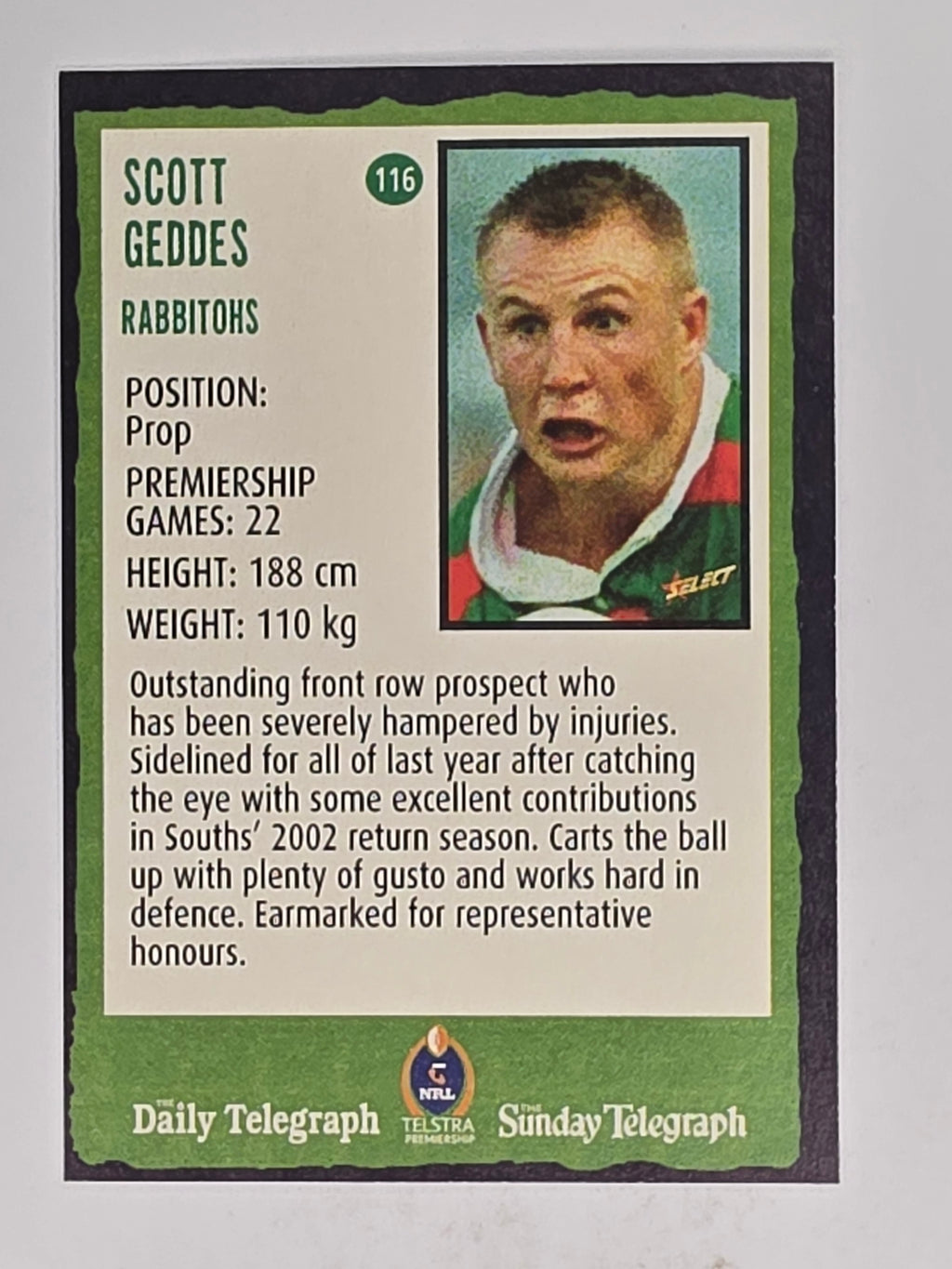 NRL 2004 Daily Telegraph | Base Card #116 | Scott Geddes | South Sydney Rabbitohs