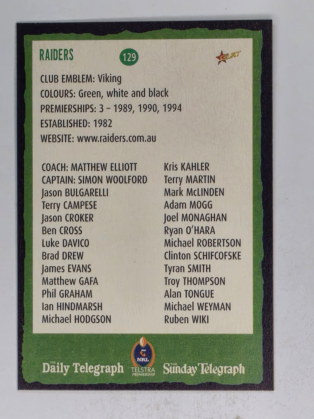 NRL 2004 Daily Telegraph | Base Card #129 | Canberra Raiders Logo
