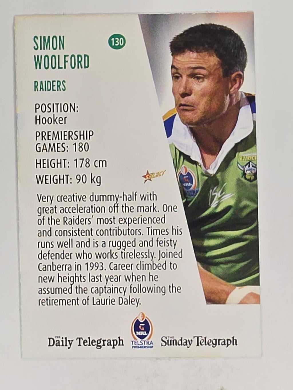 NRL 2004 Daily Telegraph | Base Card #130 | Simon Woolford | Canberra Raiders