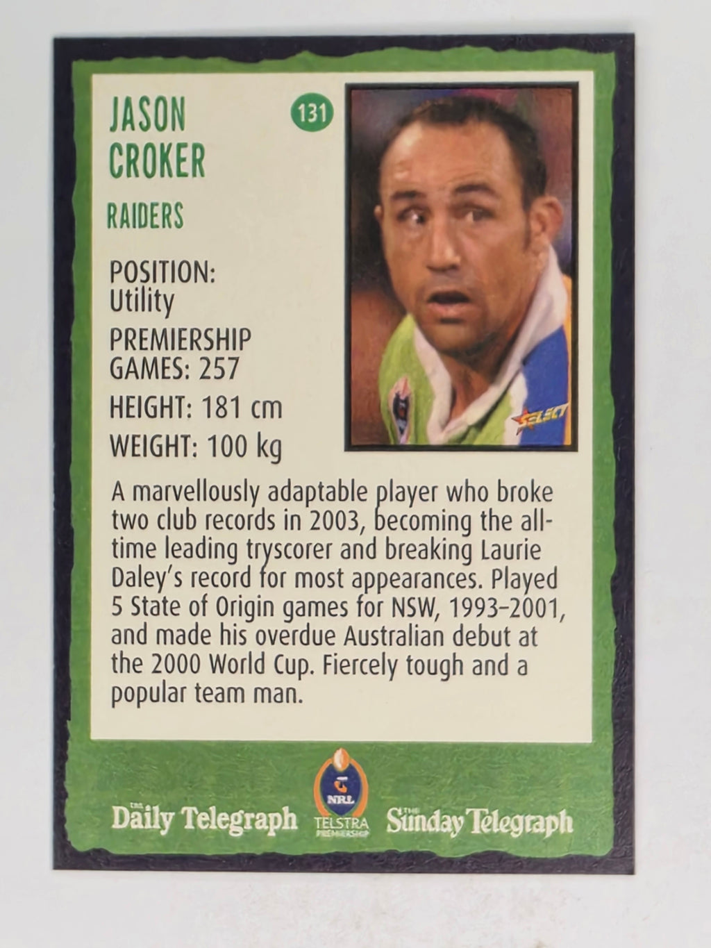 NRL 2004 Daily Telegraph | Base Card #131 | Jason Croker | Canberra Raiders