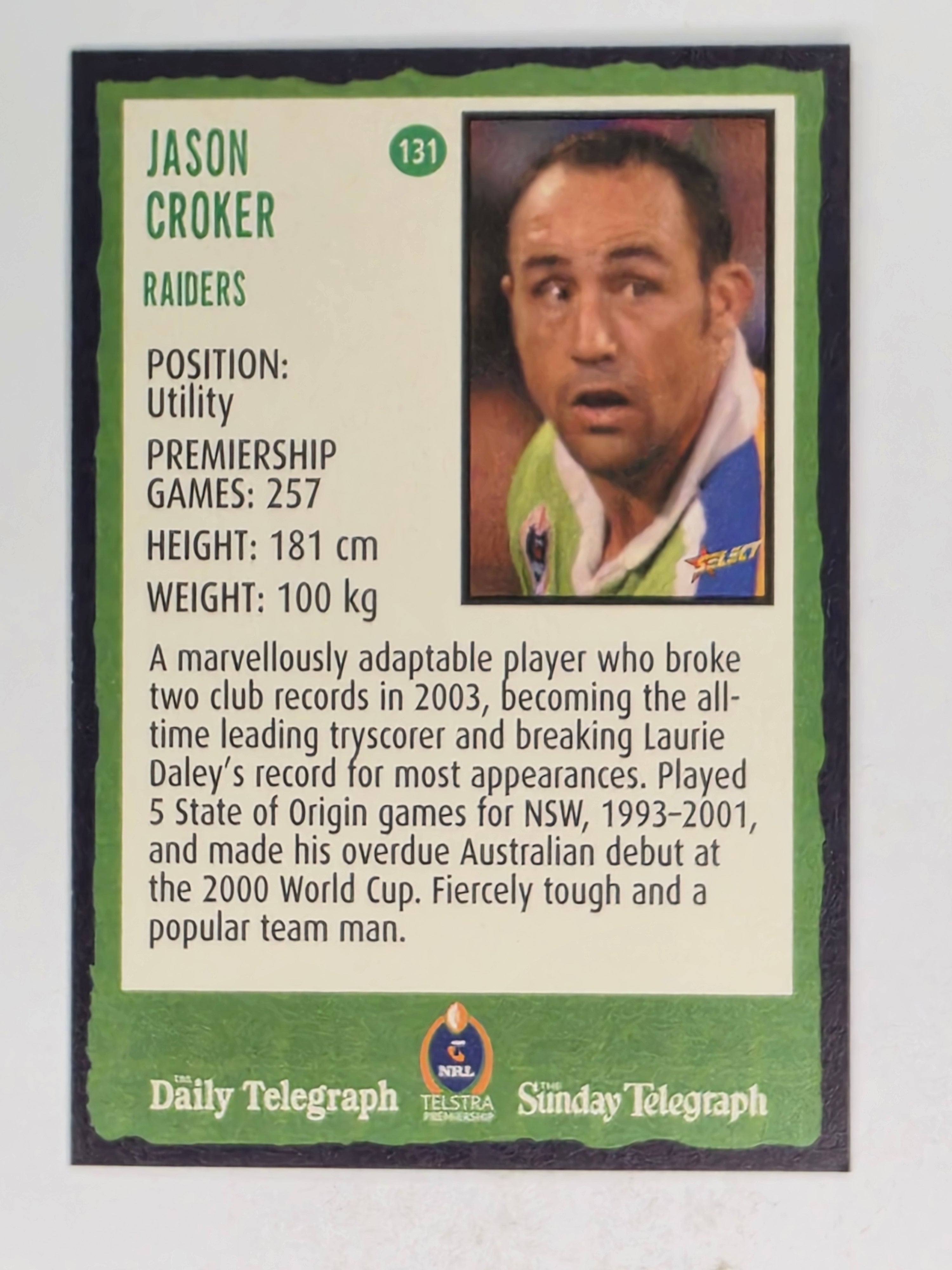 NRL 2004 Daily Telegraph | Base Card #131 | Jason Croker | Canberra Raiders