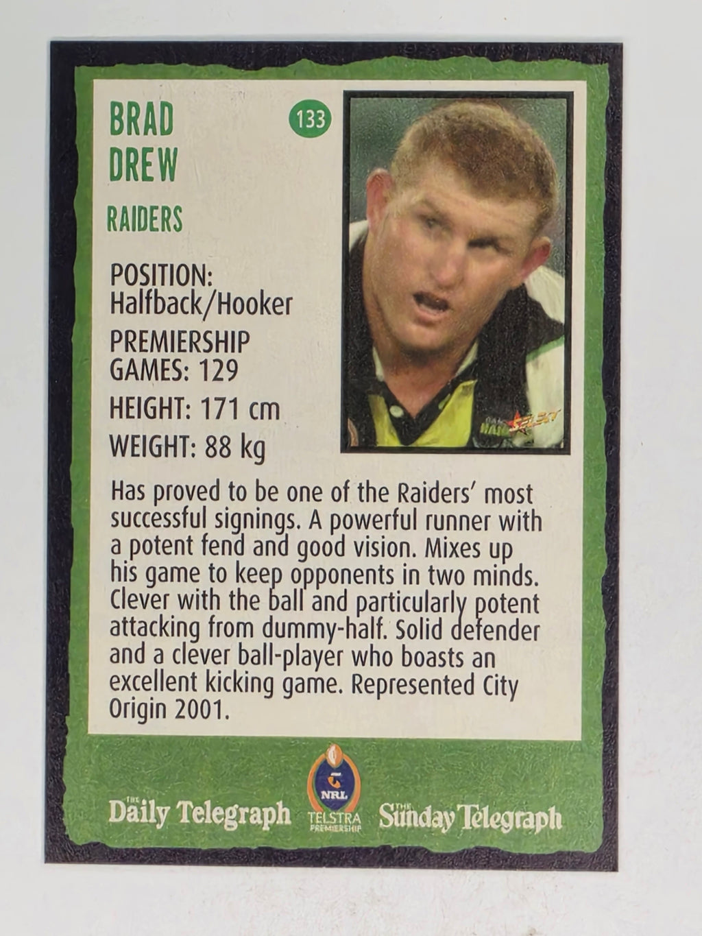 NRL 2004 Daily Telegraph | Base Card #133 | Brad Drew | Canberra Raiders
