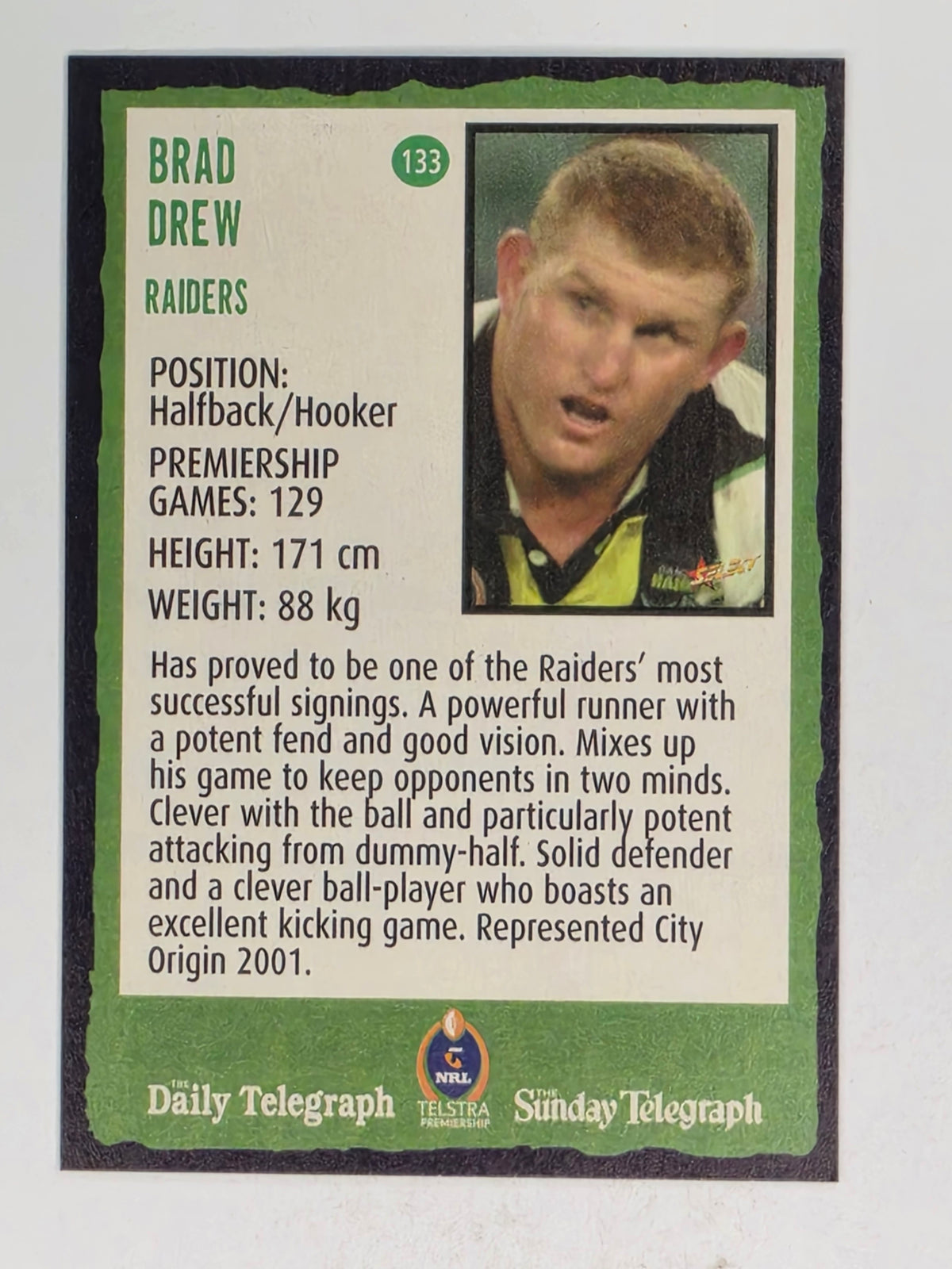 NRL 2004 Daily Telegraph | Base Card #133 | Brad Drew | Canberra Raiders