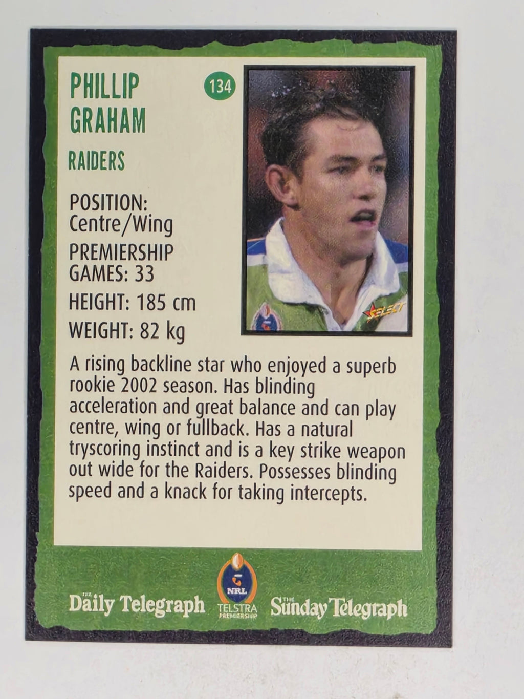 NRL 2004 Daily Telegraph | Base Card #134 | Phillip Graham | Canberra Raiders
