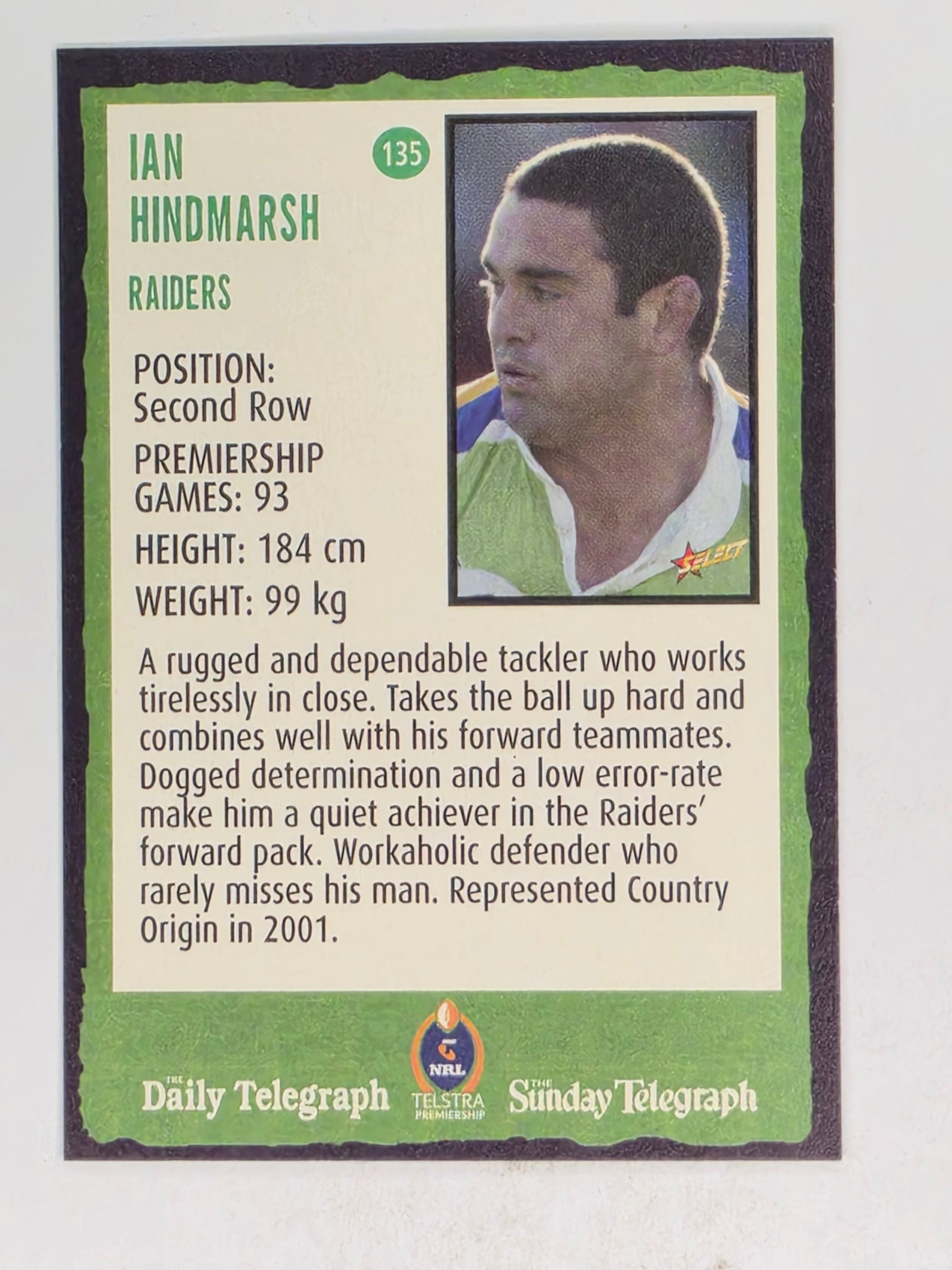 NRL 2004 Daily Telegraph | Base Card #135 | Ian Hindmarsh | Canberra Raiders