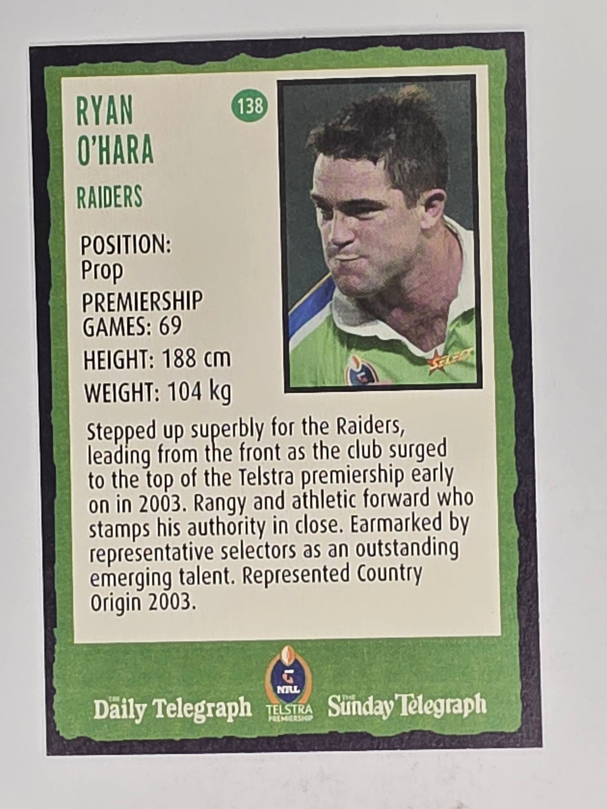 NRL 2004 Daily Telegraph | Base Card #138 | Ryan O'Hara | Canberra Raiders