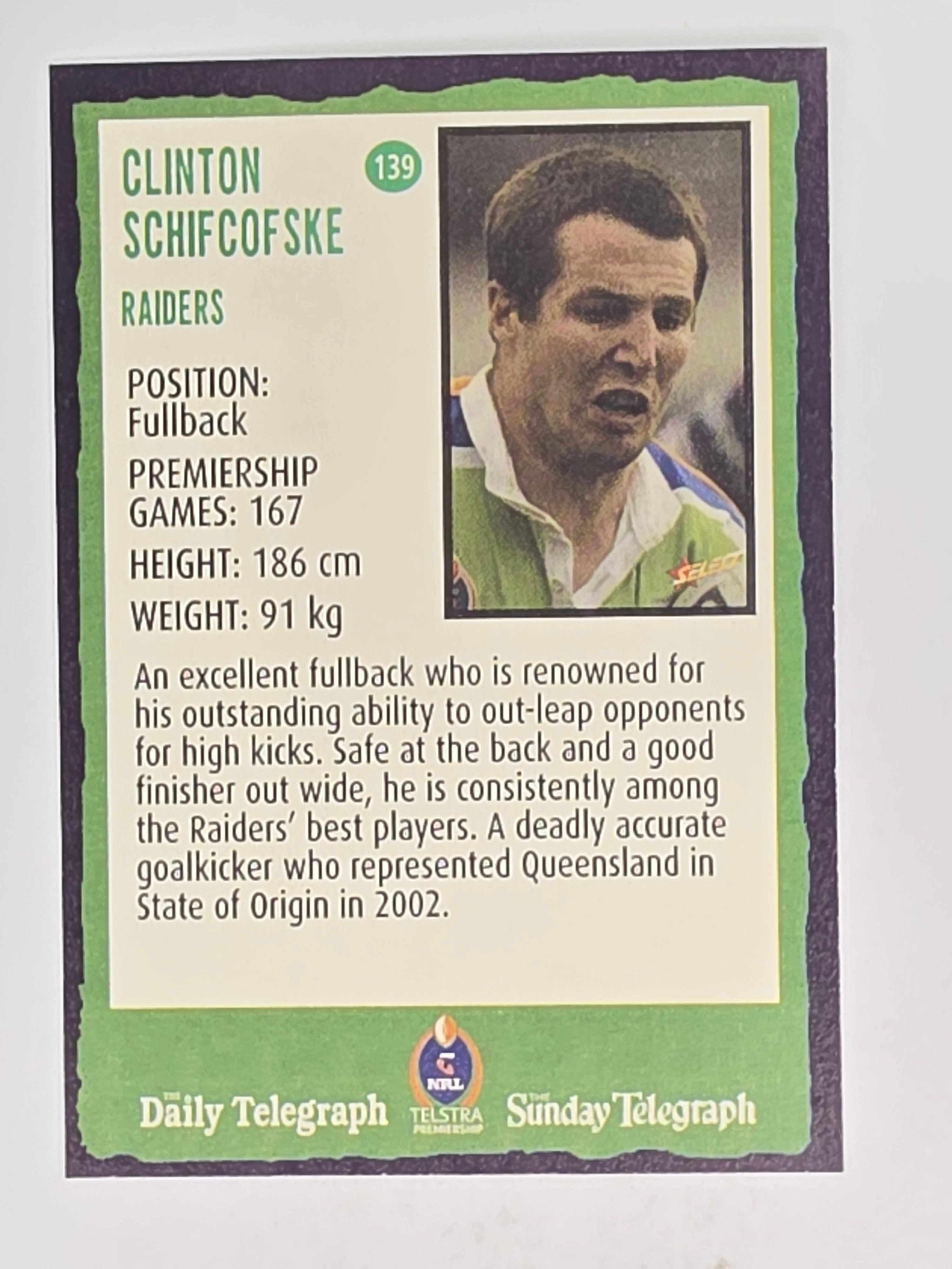 NRL 2004 Daily Telegraph | Base Card #139 | Clinton Schifcofske | Canberra Raiders