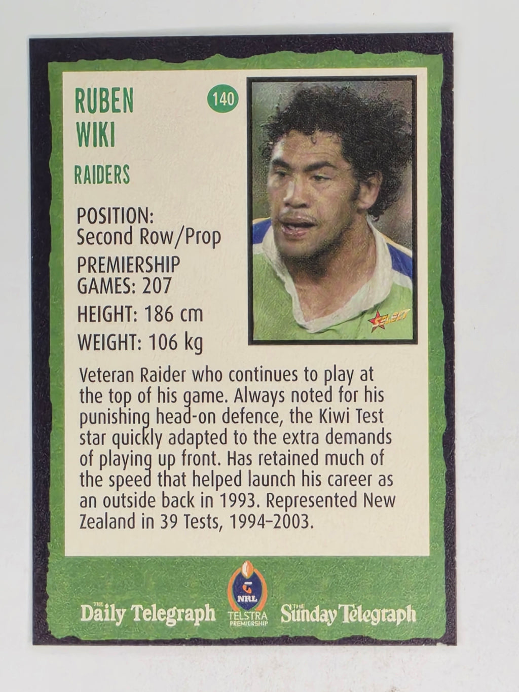 NRL 2004 Daily Telegraph | Base Card #140 | Ruben Wiki | Canberra Raiders
