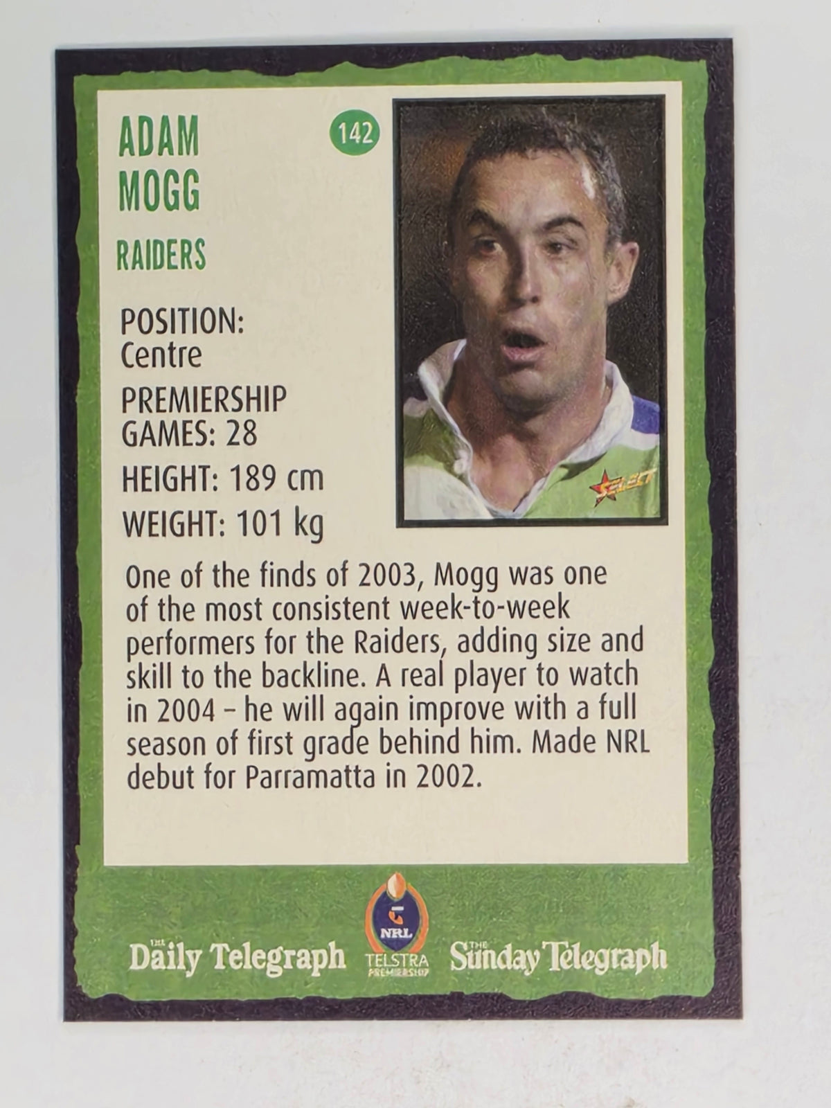 NRL 2004 Daily Telegraph | Base Card #142 | Adam Mogg | Canberra Raiders