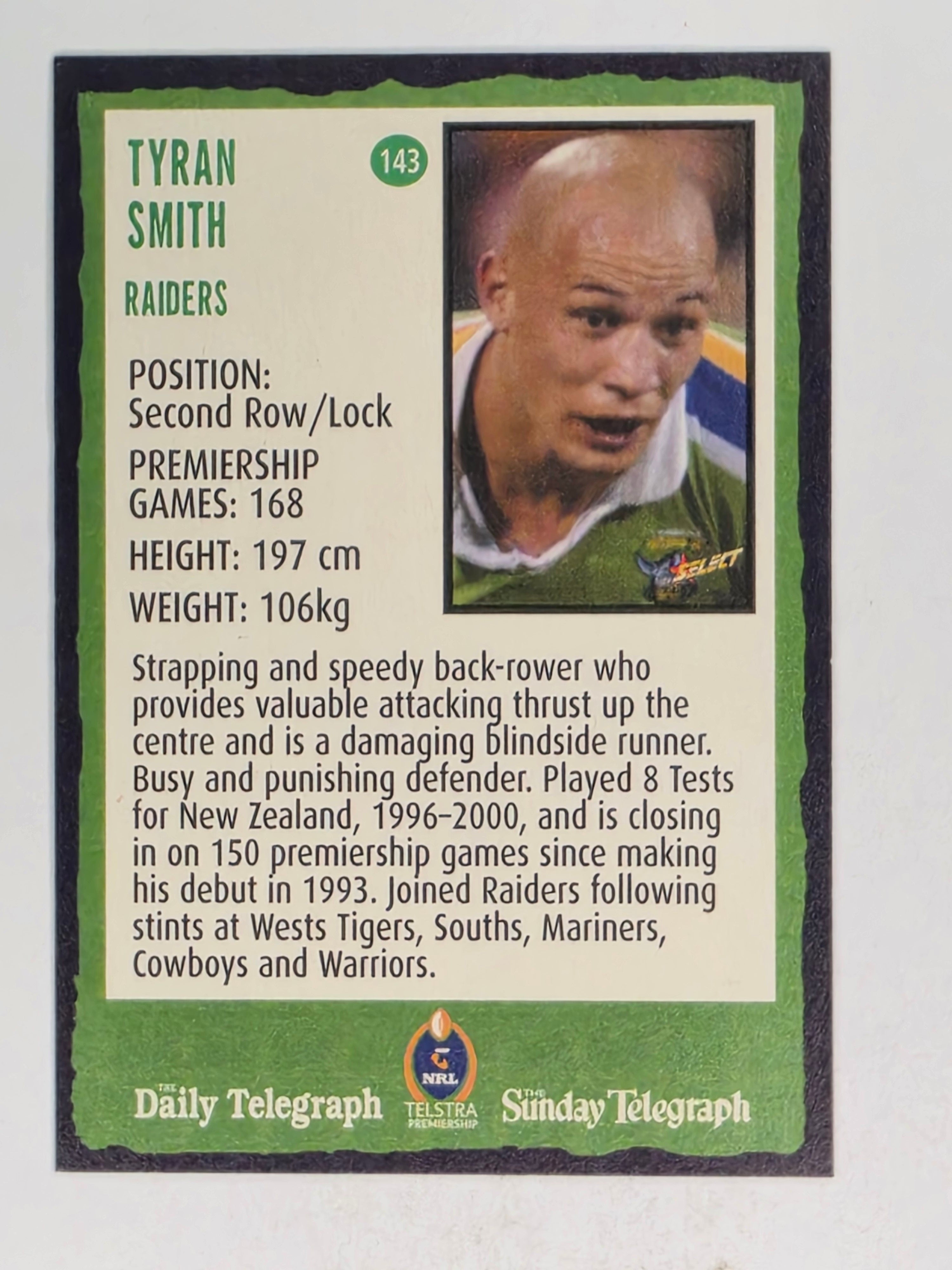 NRL 2004 Daily Telegraph | Base Card #143 | Tyran Smith | Canberra Raiders