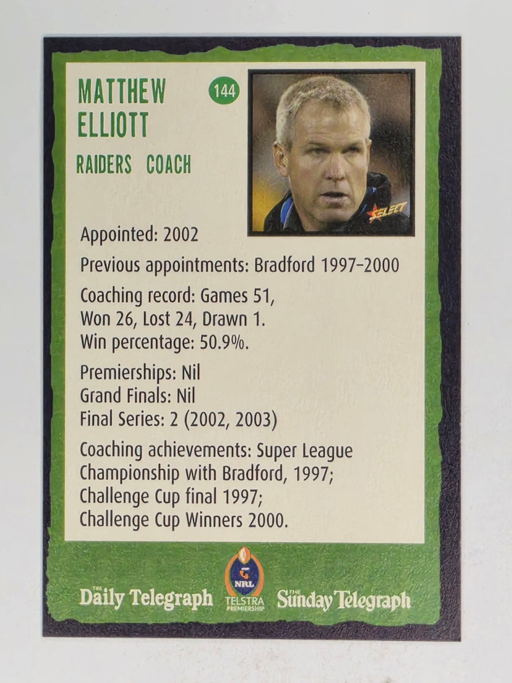 NRL 2004 Daily Telegraph | Base Card #144 | Matthew Elliott | Canberra Raiders