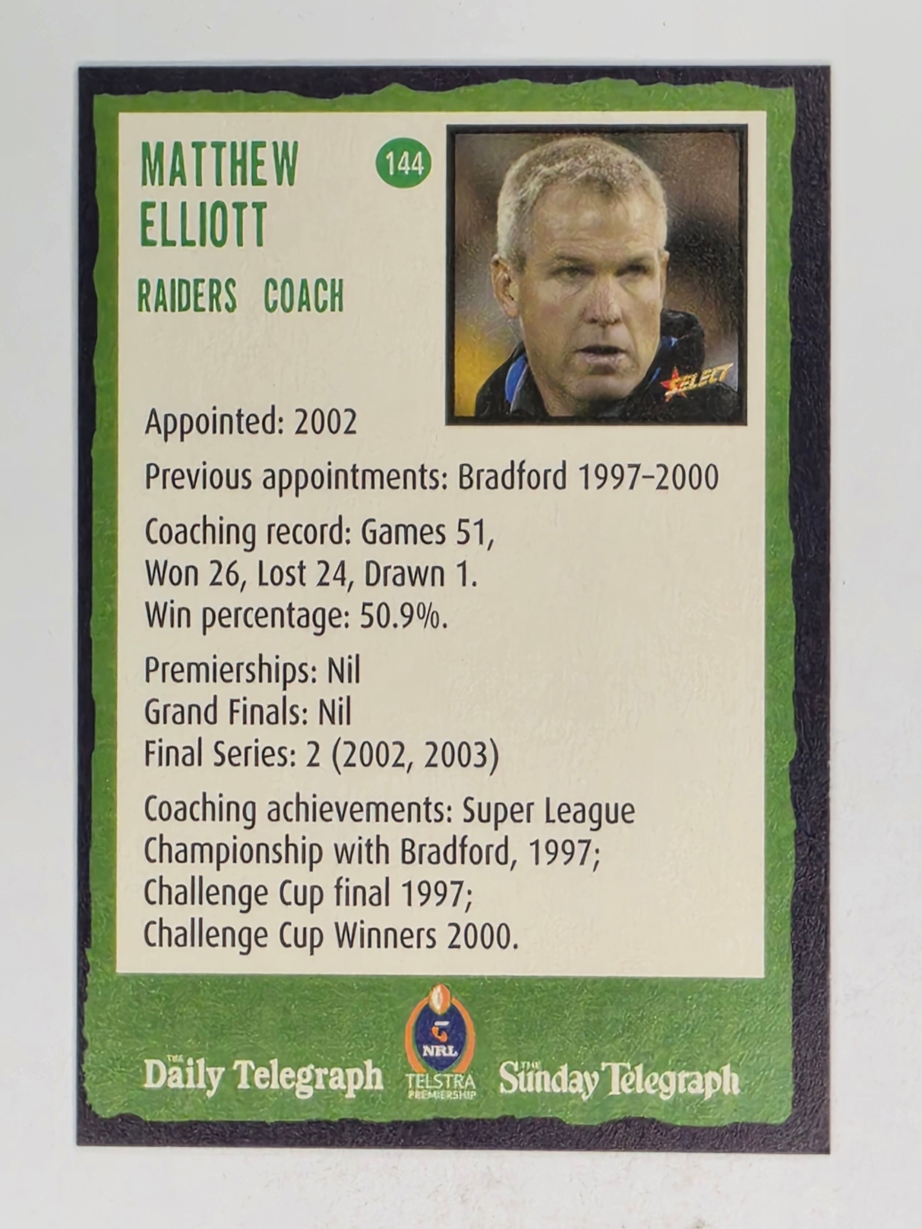 NRL 2004 Daily Telegraph | Base Card #144 | Matthew Elliott | Canberra Raiders