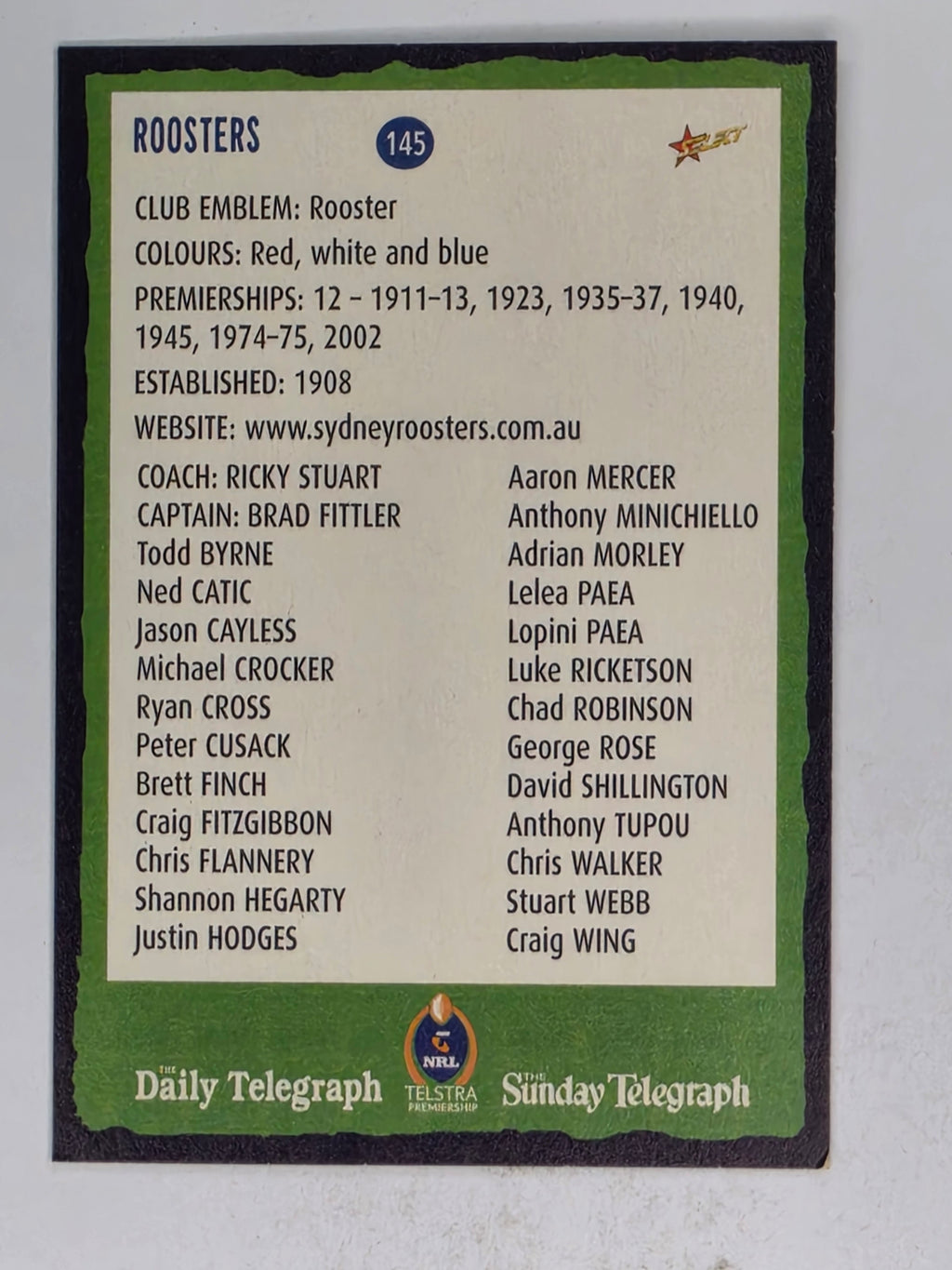 NRL 2004 Daily Telegraph | Base Card #145 | Sydney Roosters Logo