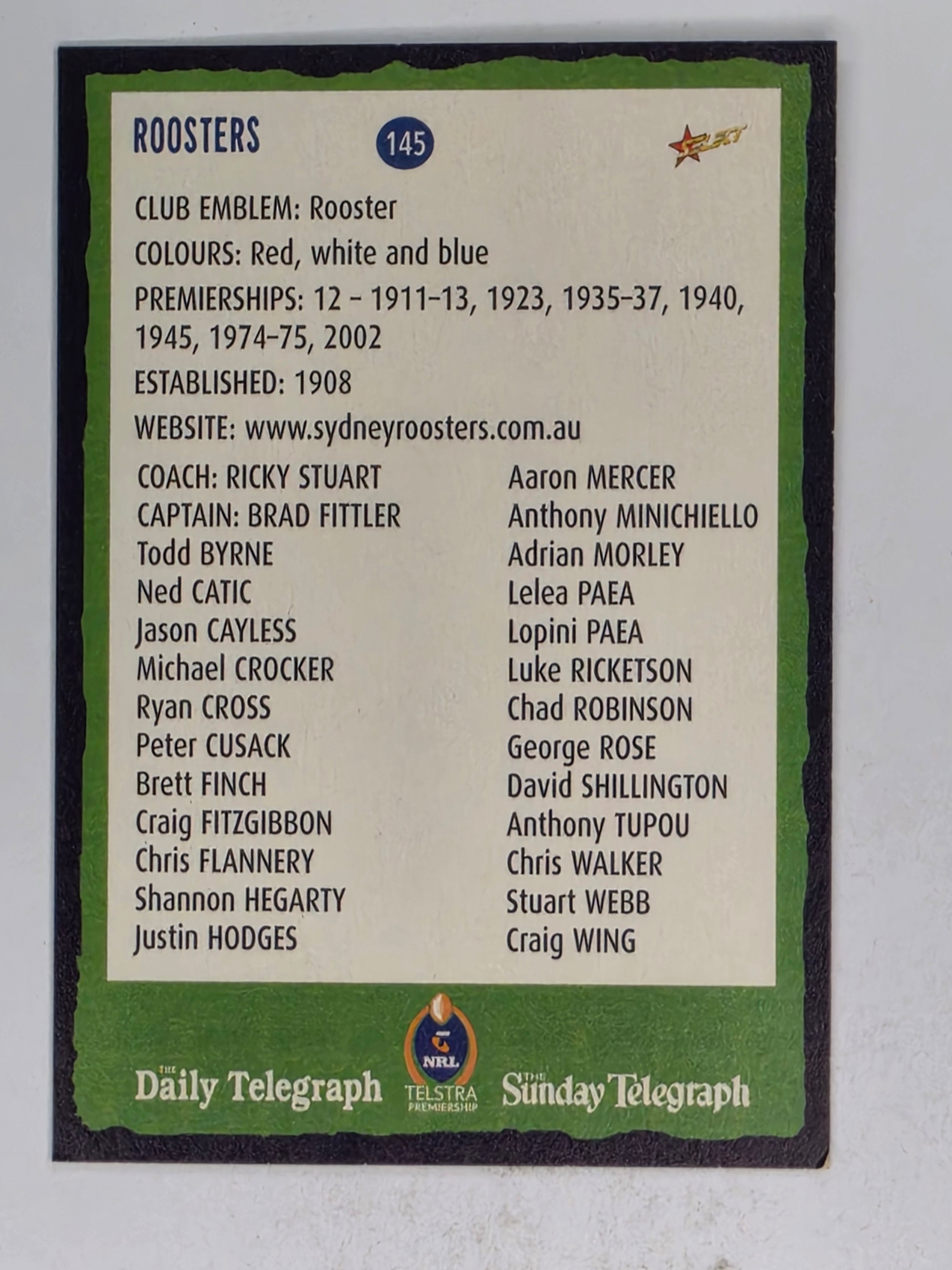 NRL 2004 Daily Telegraph | Base Card #145 | Sydney Roosters Logo