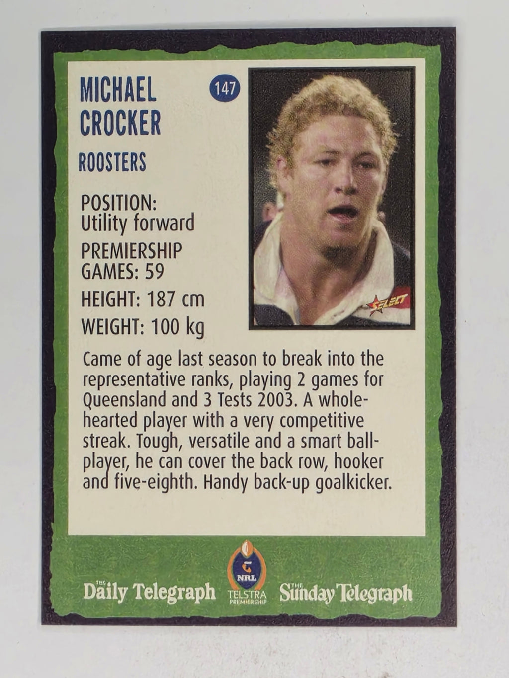 NRL 2004 Daily Telegraph | Base Card #147 | Michael Crocker | Sydney Roosters