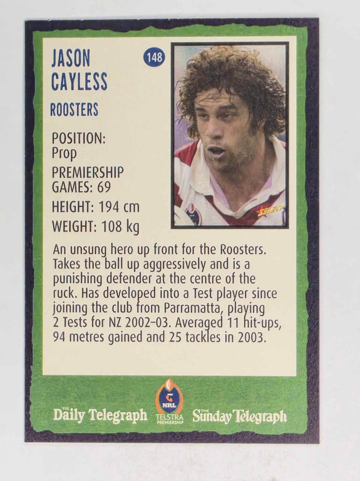 NRL 2004 Daily Telegraph | Base Card #148 | Jason Cayless | Sydney Roosters